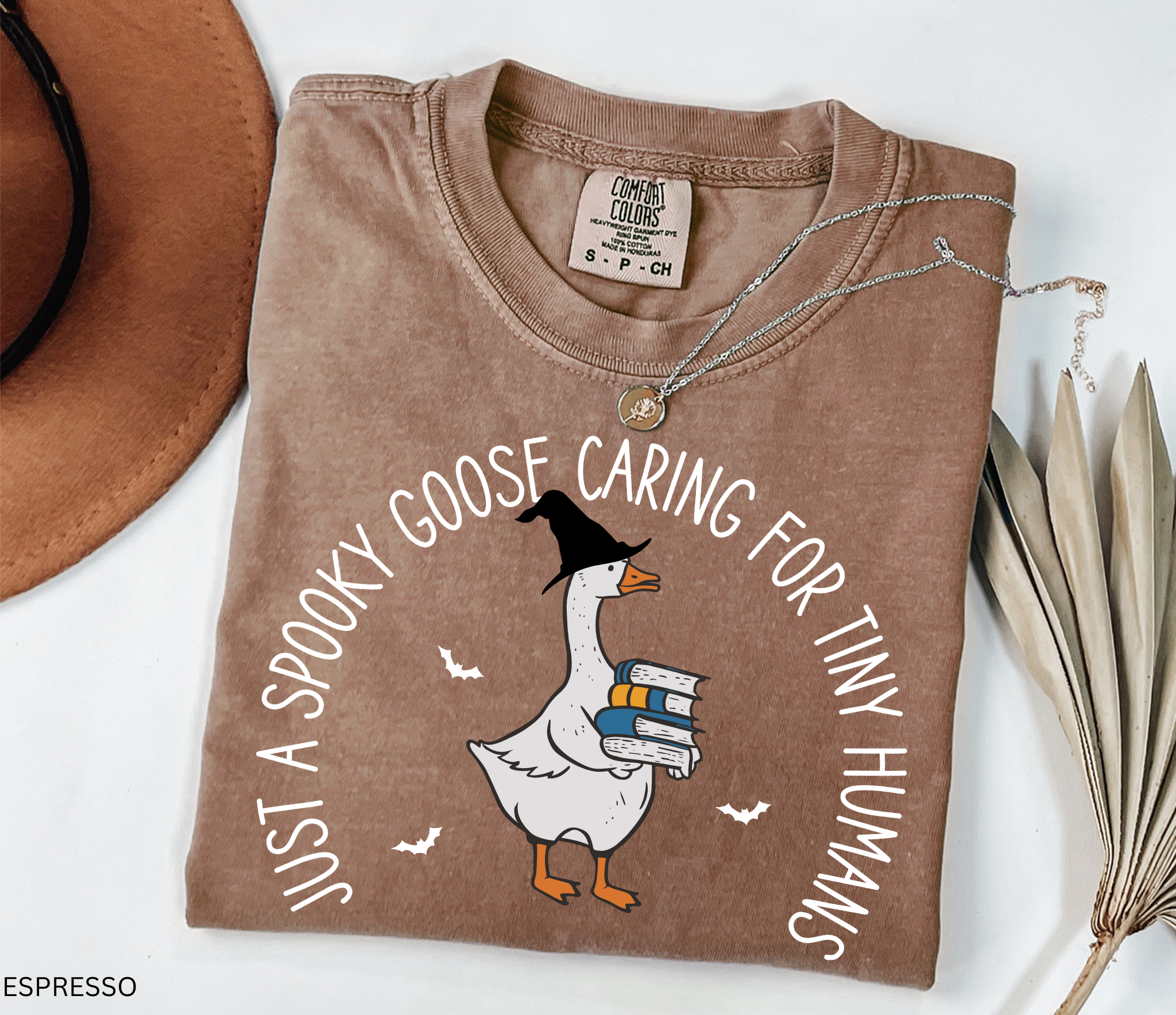 Halloween daycare teacher shirt with a spooky goose holding books and bats flying around, with the phrase Just a spooky goose caring for tiny humans.