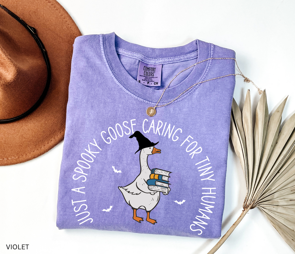 Halloween daycare teacher shirt with a spooky goose holding books and bats flying around, with the phrase Just a spooky goose caring for tiny humans.