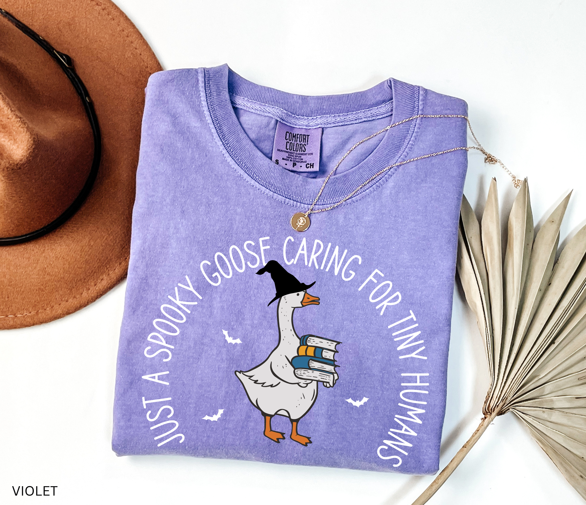 Halloween daycare teacher shirt with a spooky goose holding books and bats flying around, with the phrase Just a spooky goose caring for tiny humans.