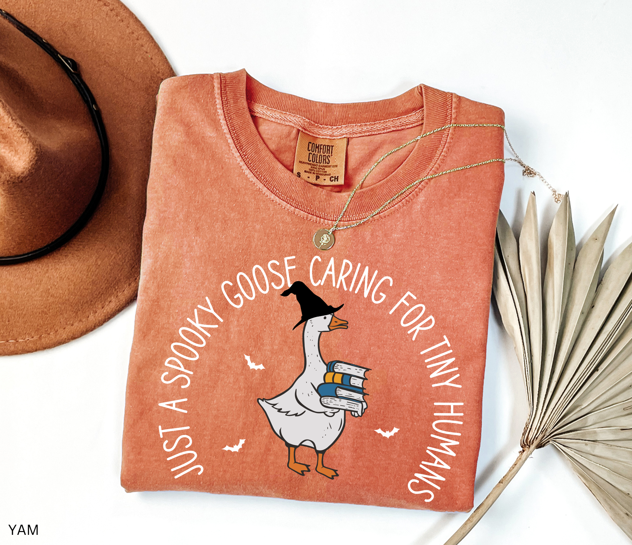 Halloween daycare teacher shirt with a spooky goose holding books and bats flying around, with the phrase Just a spooky goose caring for tiny humans.
