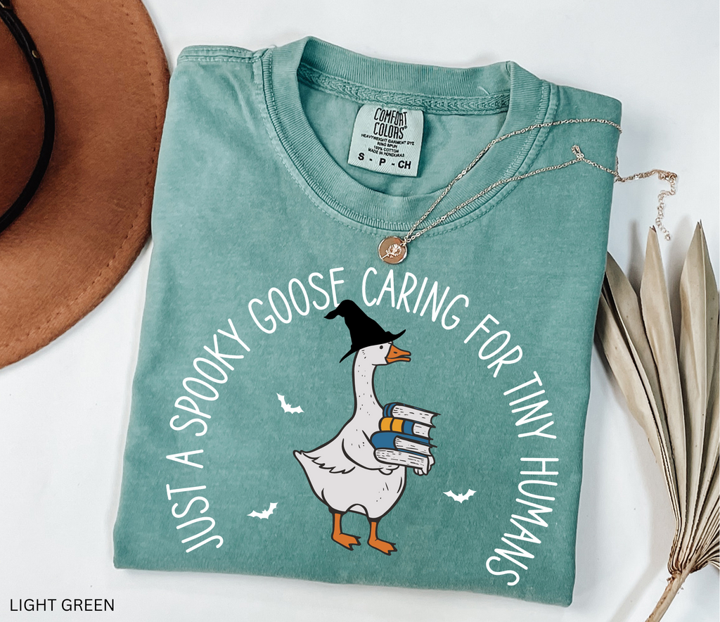 Halloween daycare teacher shirt with a spooky goose holding books and bats flying around, with the phrase Just a spooky goose caring for tiny humans.