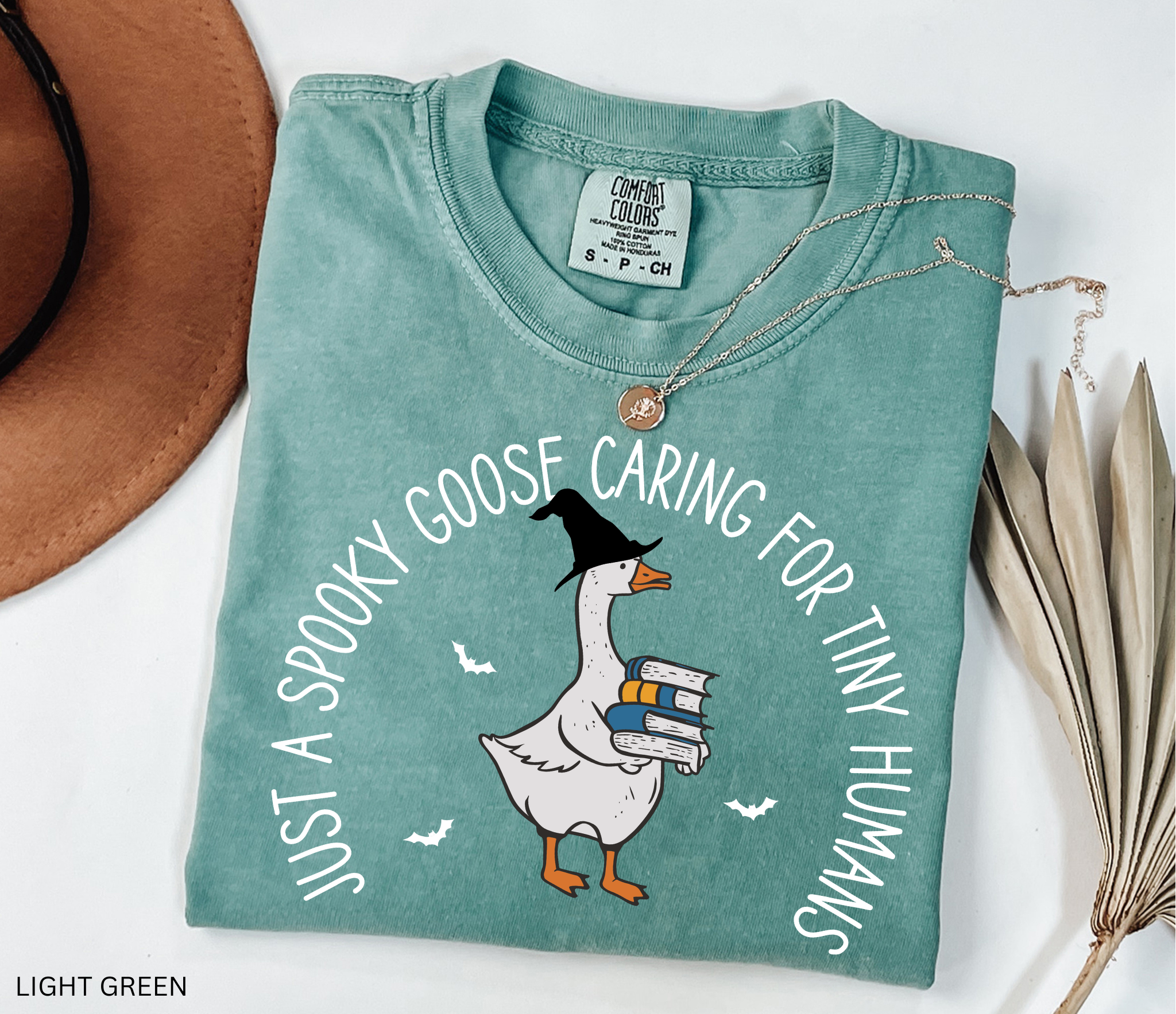 Halloween daycare teacher shirt with a spooky goose holding books and bats flying around, with the phrase Just a spooky goose caring for tiny humans.