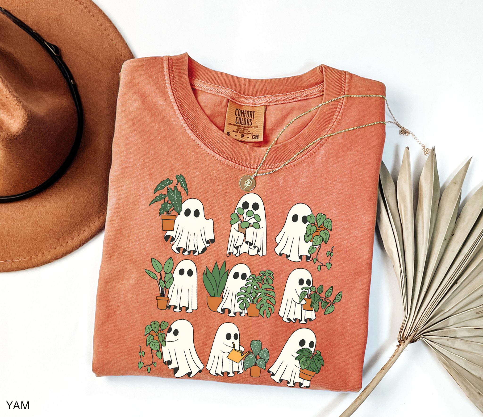 Ghost plant lover shirt with multiple spooky ghosts holding different houseplants on a Comfort Colors tee. Cute Halloween botanical design.