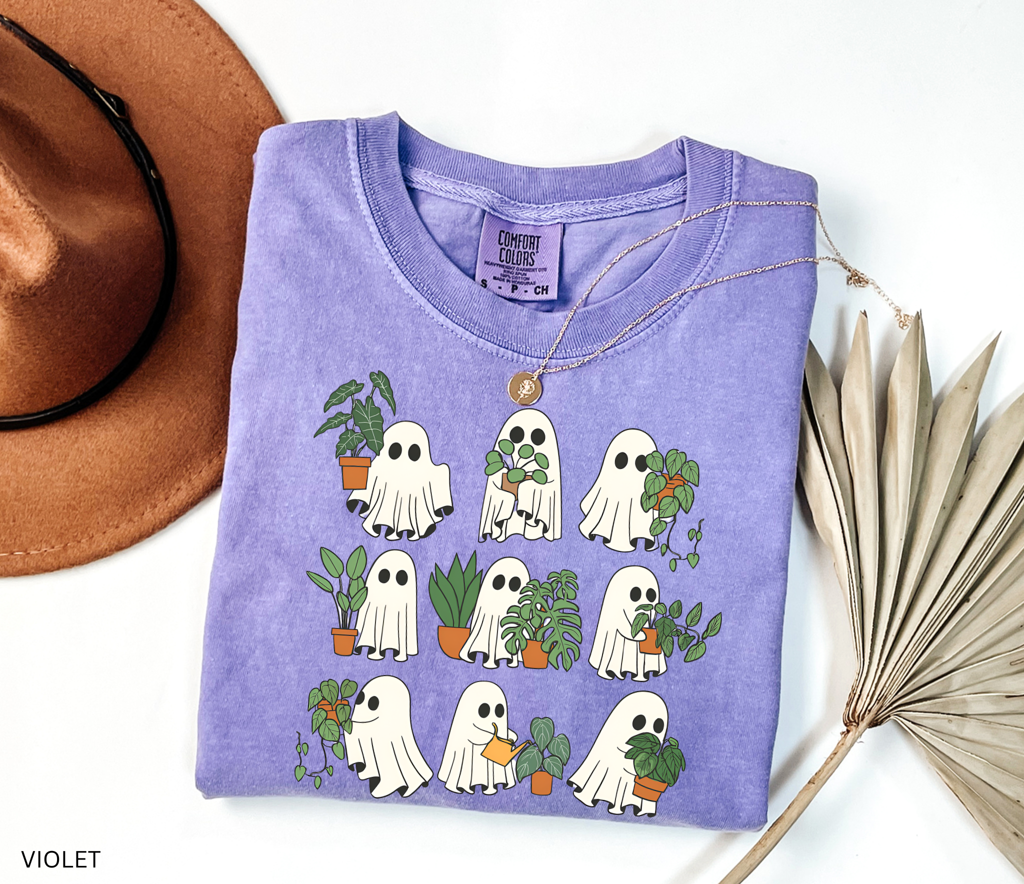Ghost plant lover shirt with multiple spooky ghosts holding different houseplants on a Comfort Colors tee. Cute Halloween botanical design.