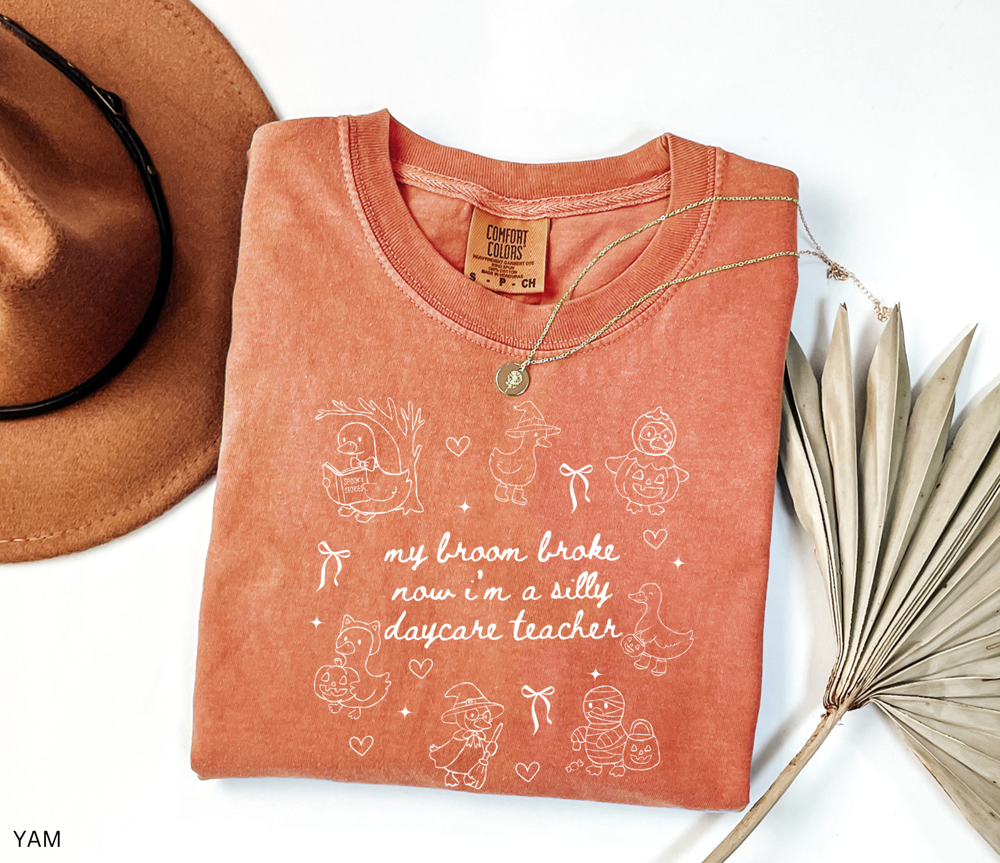 Halloween daycare teacher shirt with geese in witch, pumpkin, and mummy costumes with text saying My Broom Broke, Now I’m a Silly Daycare Teacher.