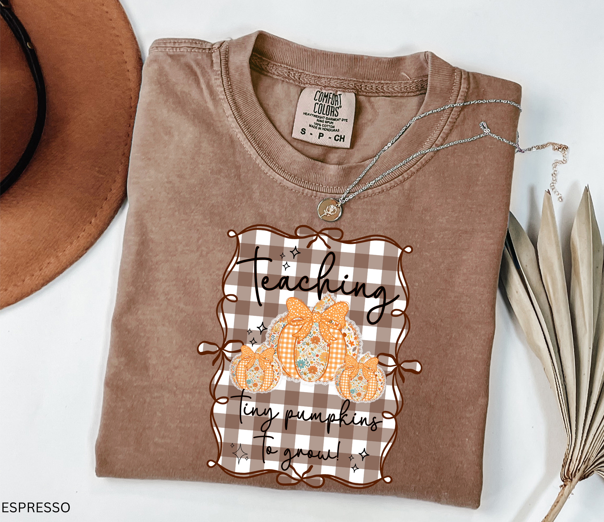 Brown gingham background Halloween teacher shirt with three floral orange pumpkins tied in bows and the phrase “Teaching Tiny Pumpkins to Grow.”