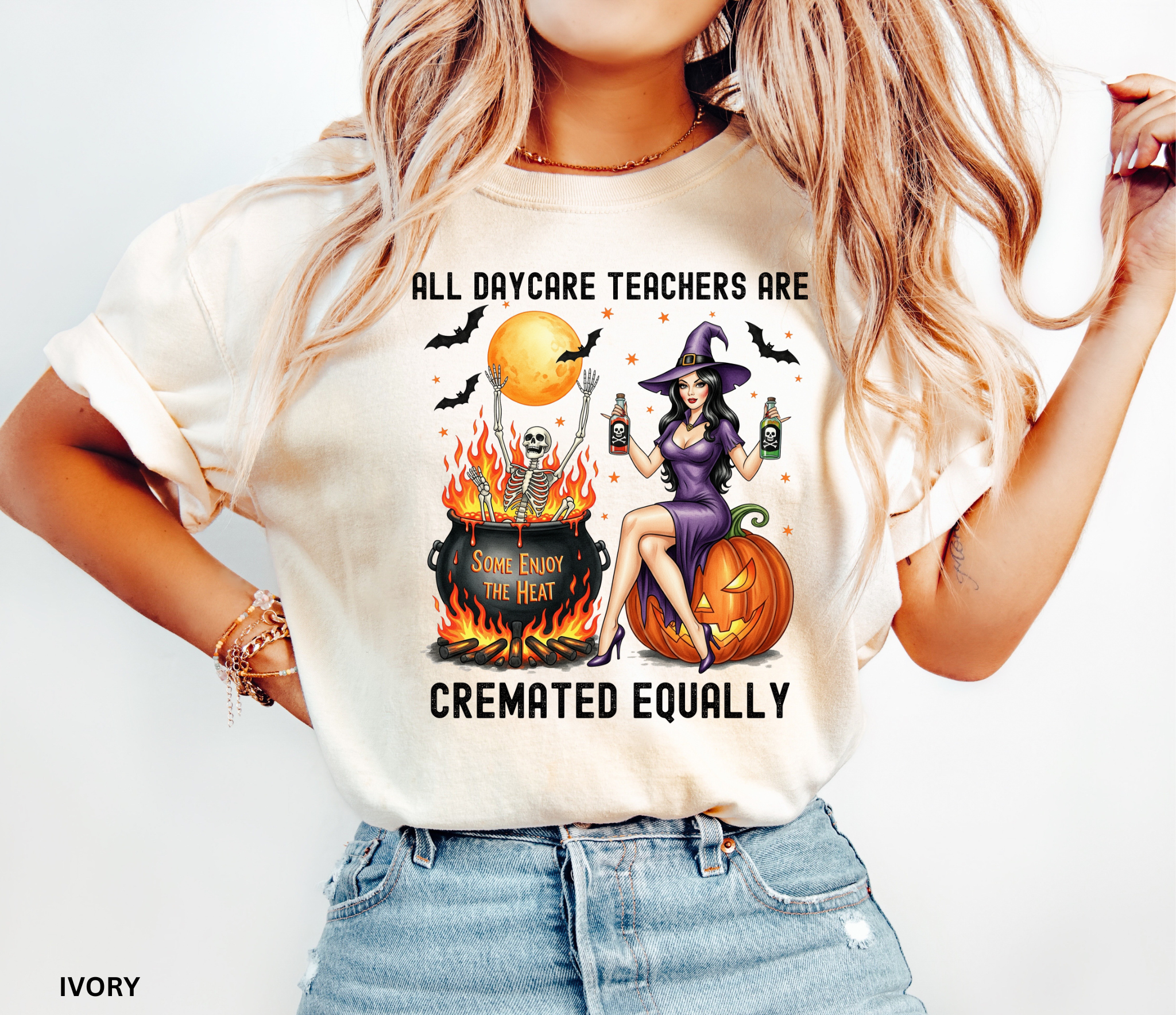 Halloween shirt design featuring a witch in a purple dress sitting on a pumpkin, holding potion bottles, with a skeleton in a fiery cauldron under a full moon.