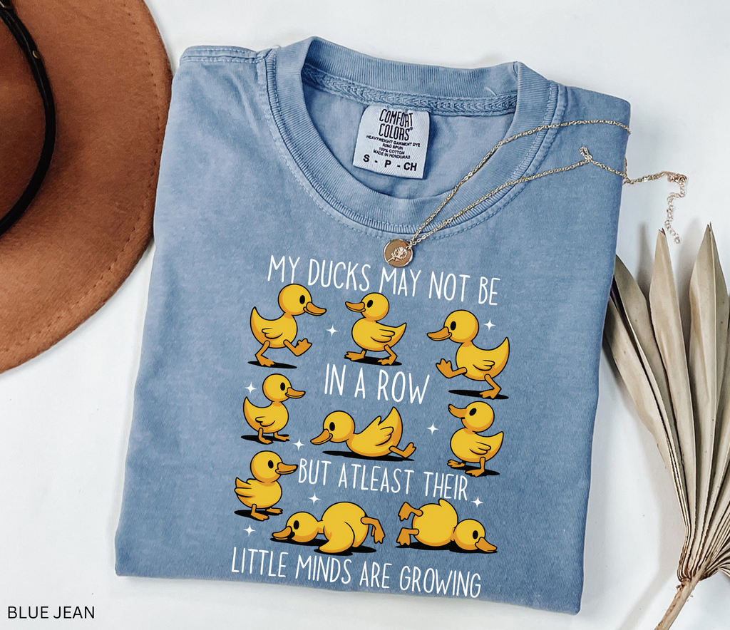 Daycare teacher shirt with cartoon yellow ducks in playful poses and the phrase “My Ducks May Not Be in a Row but at Least Their Little Minds Are Growing.”