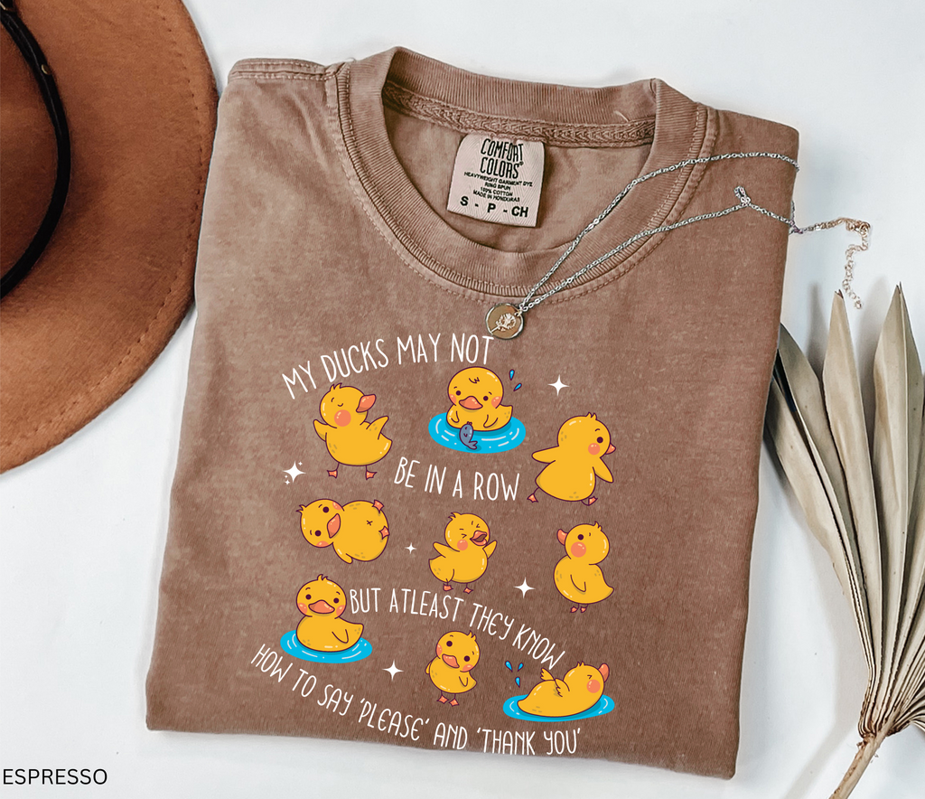 Funny daycare teacher shirt with cartoon yellow ducks in playful poses, water puddles, and the phrase “My Ducks May Not Be in a Row but at Least They Know How to Say Please and Thank You.”