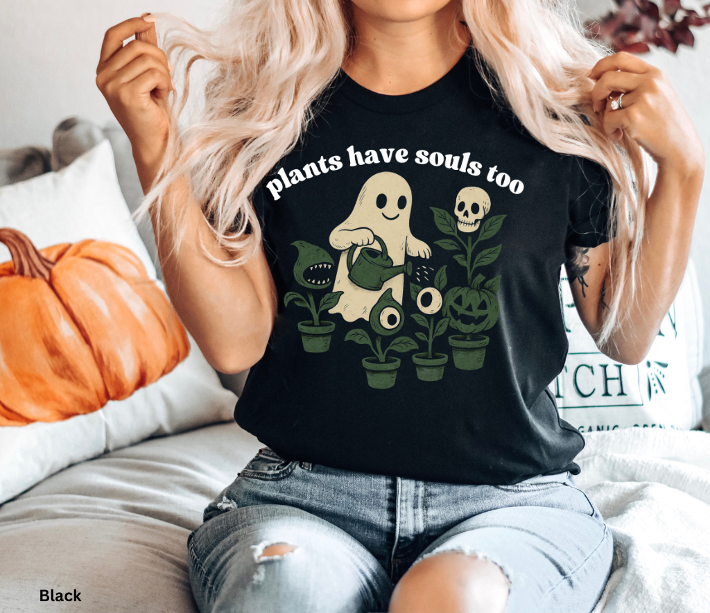 Ghost watering spooky haunted plants t-shirt with vintage Halloween design, creepy-cute ghost gardener graphic.