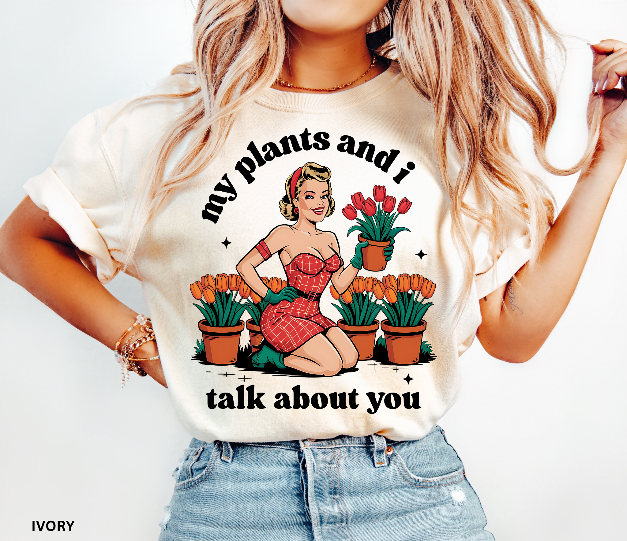 Vintage pin-up style illustration of a glamorous woman in a red dress holding a pot of tulips, surrounded by rows of tulip plants.