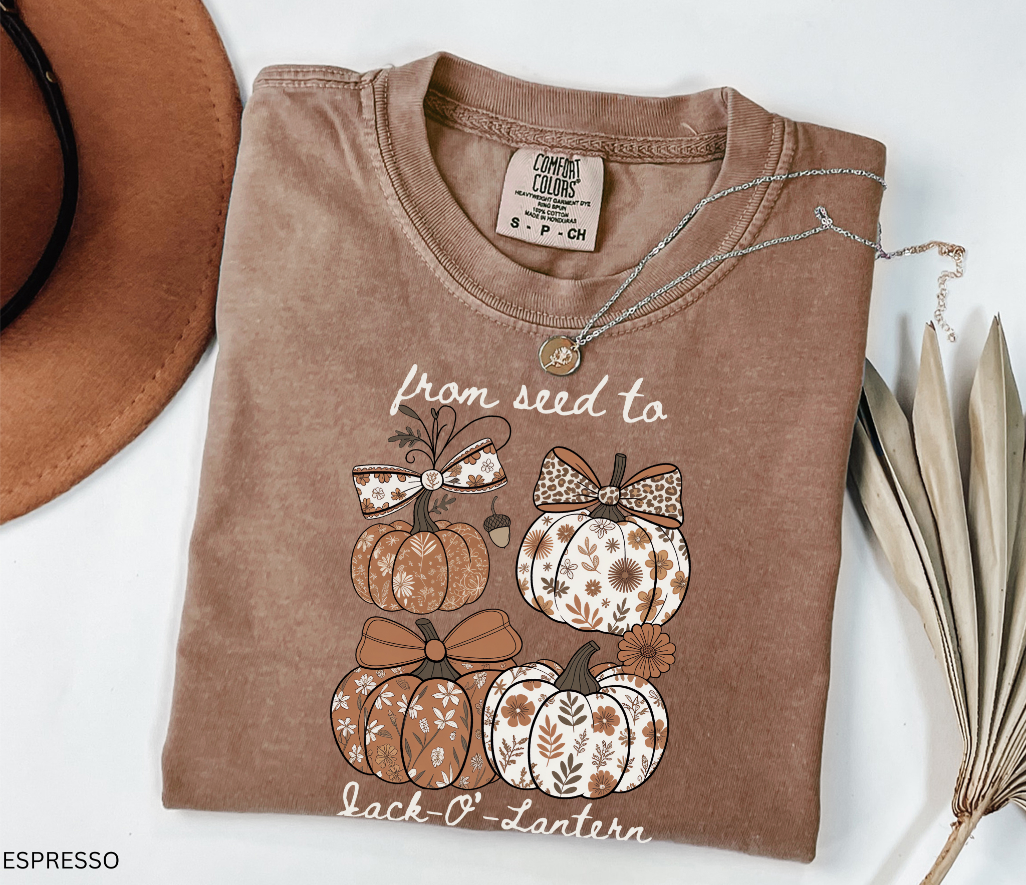 Whimsical fall shirt design featuring four patterned pumpkins with floral and bow details, with the text “From Seed to Jack-O’-Lantern.”