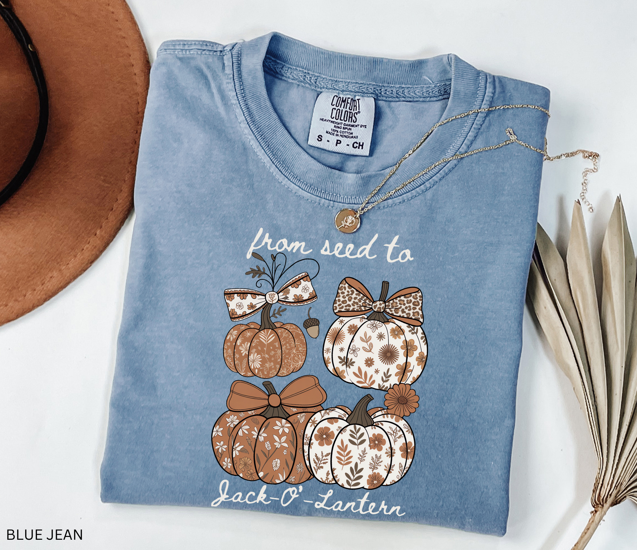 Whimsical fall shirt design featuring four patterned pumpkins with floral and bow details, with the text “From Seed to Jack-O’-Lantern.”