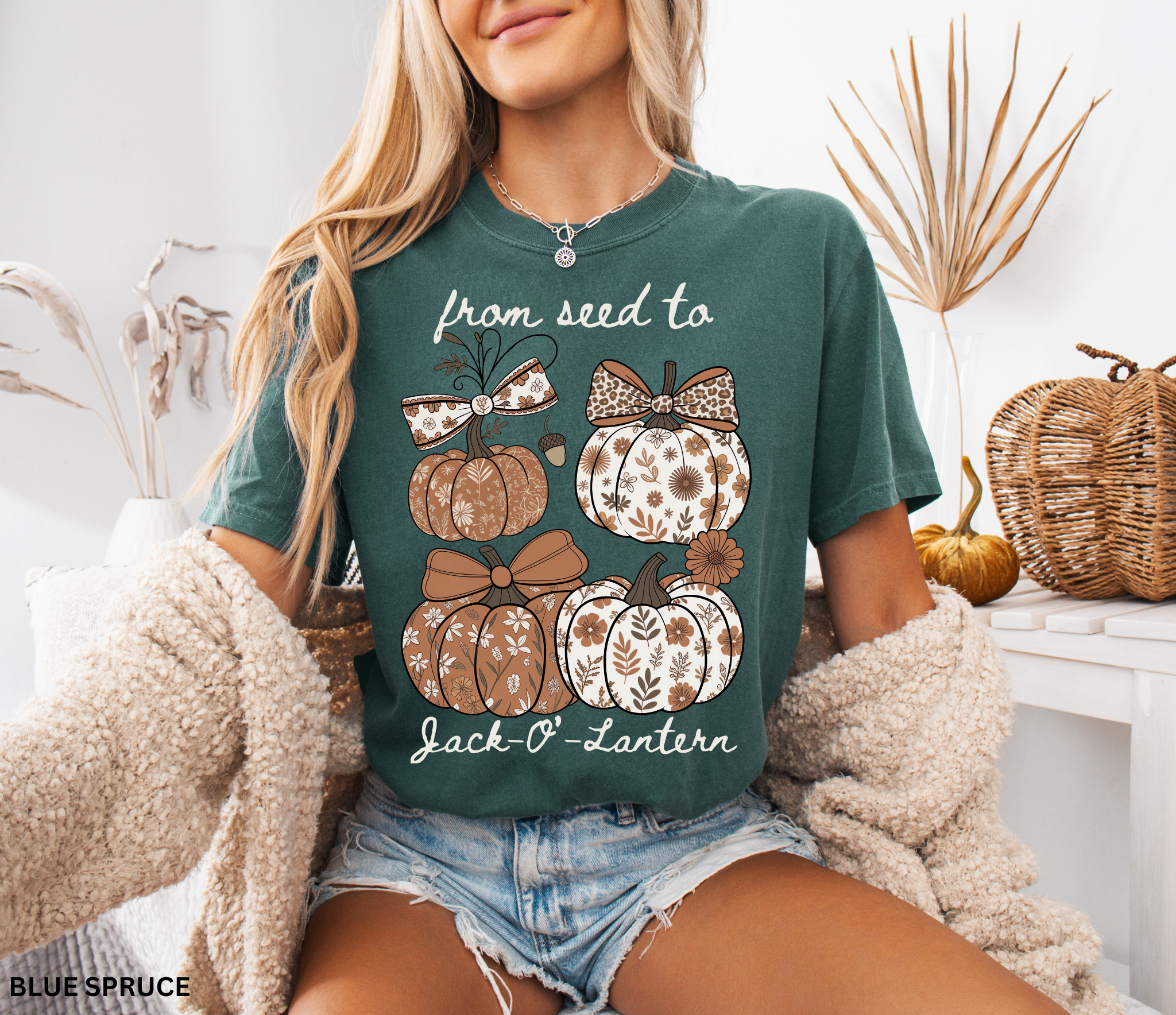 Whimsical fall shirt design featuring four patterned pumpkins with floral and bow details, with the text “From Seed to Jack-O’-Lantern.”