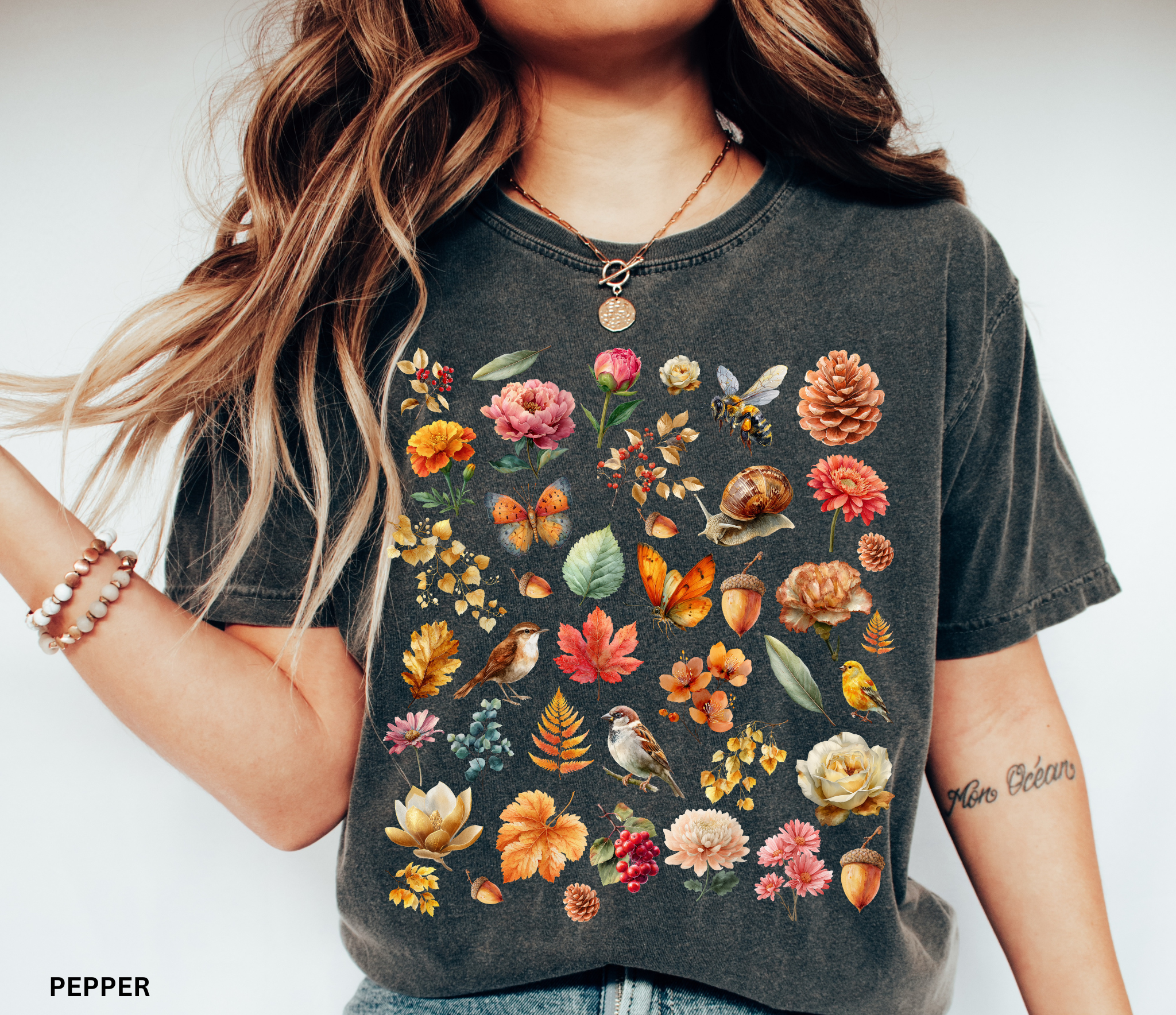 Cottagecore botanical t-shirt with vintage flowers and acorns