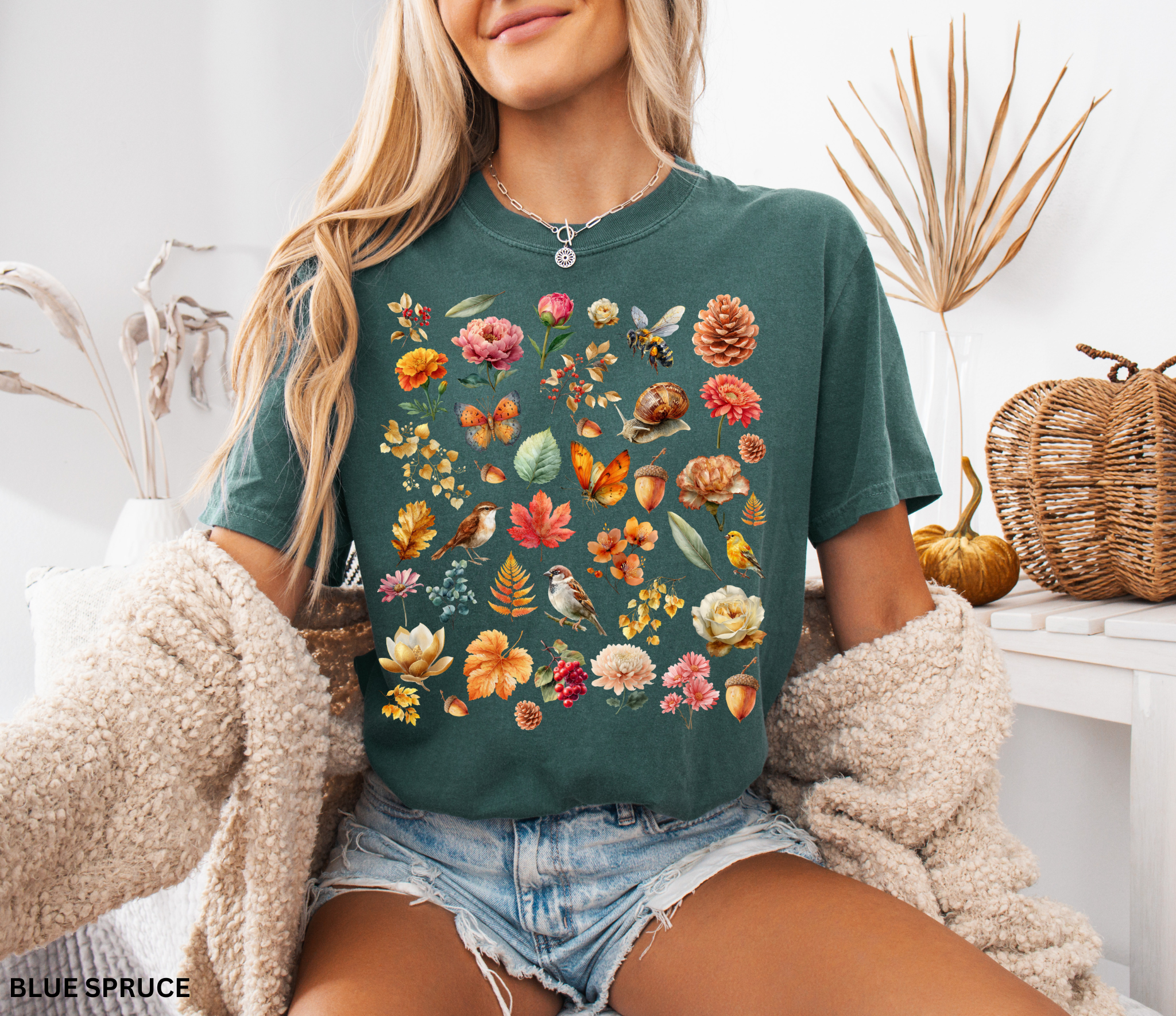Cottagecore botanical t-shirt with vintage flowers and acorns
