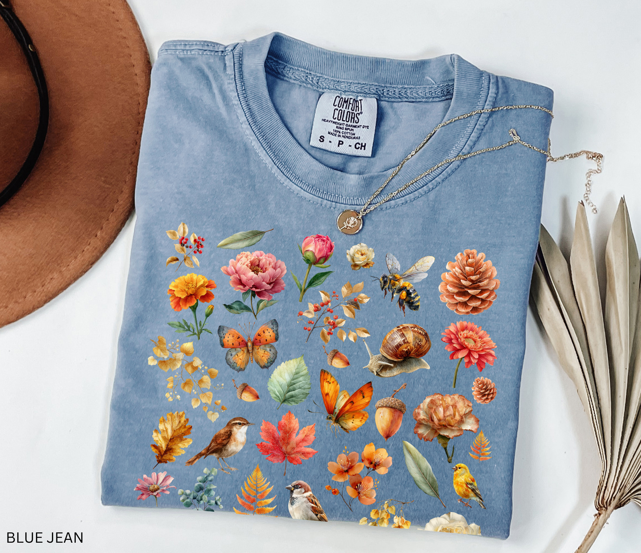 Cottagecore botanical t-shirt with vintage flowers and acorns