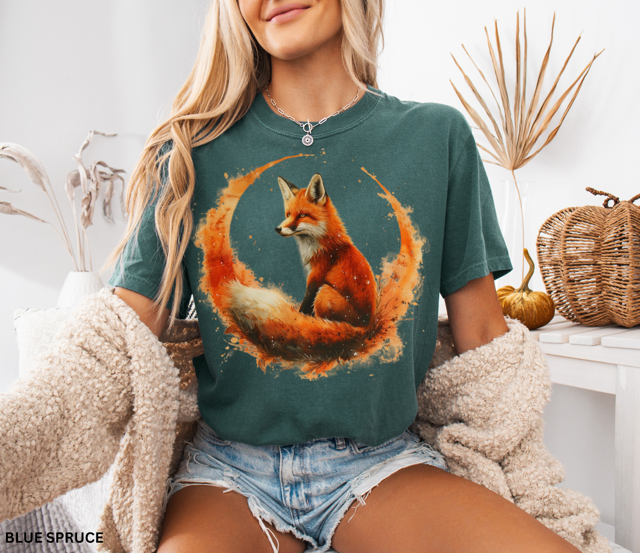 Watercolor fox sitting in a crescent moon – forestcore aesthetic shirt design