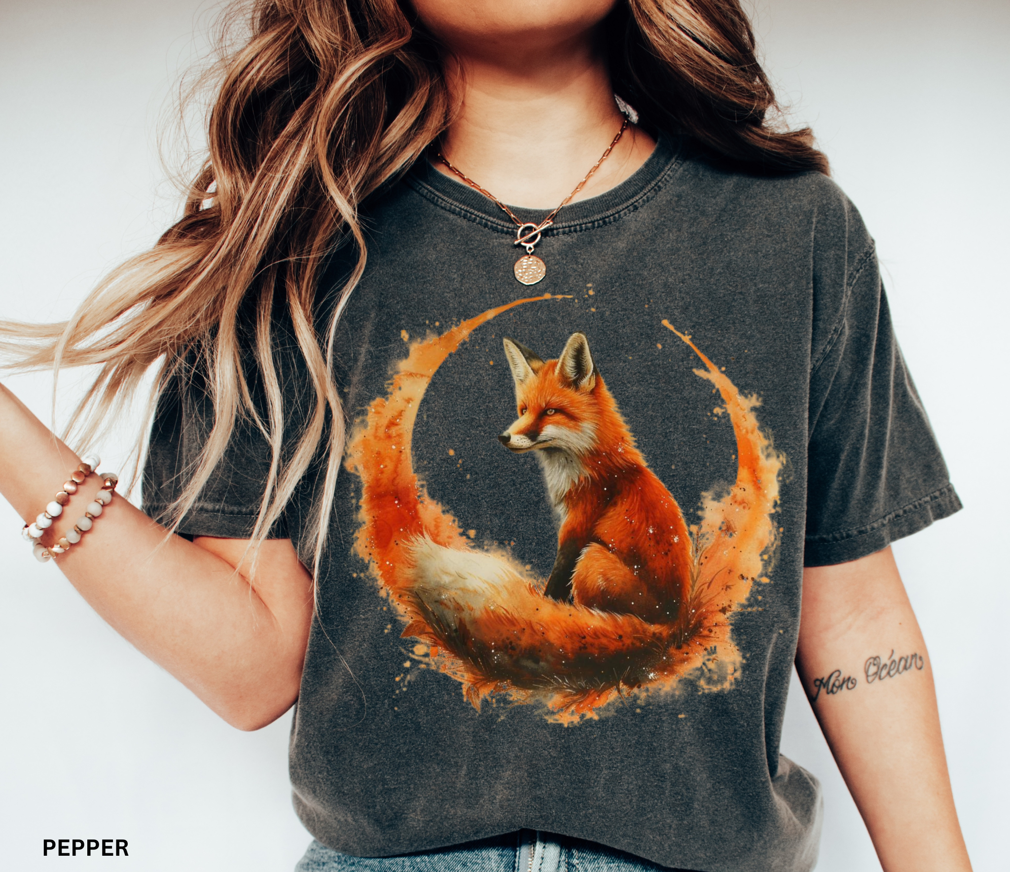 Watercolor fox sitting in a crescent moon – forestcore aesthetic shirt design