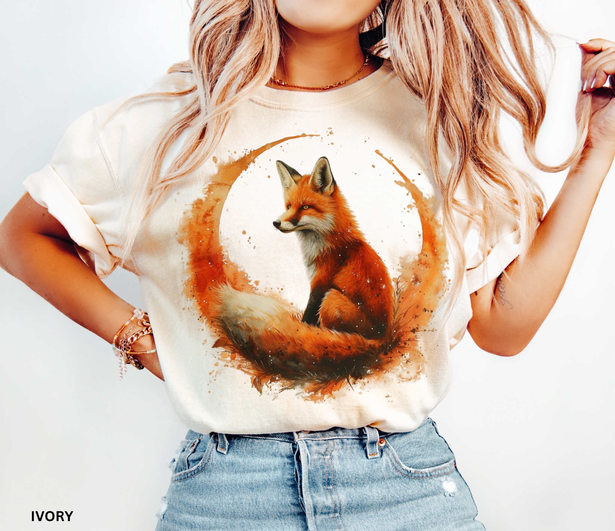 Watercolor fox sitting in a crescent moon – forestcore aesthetic shirt design