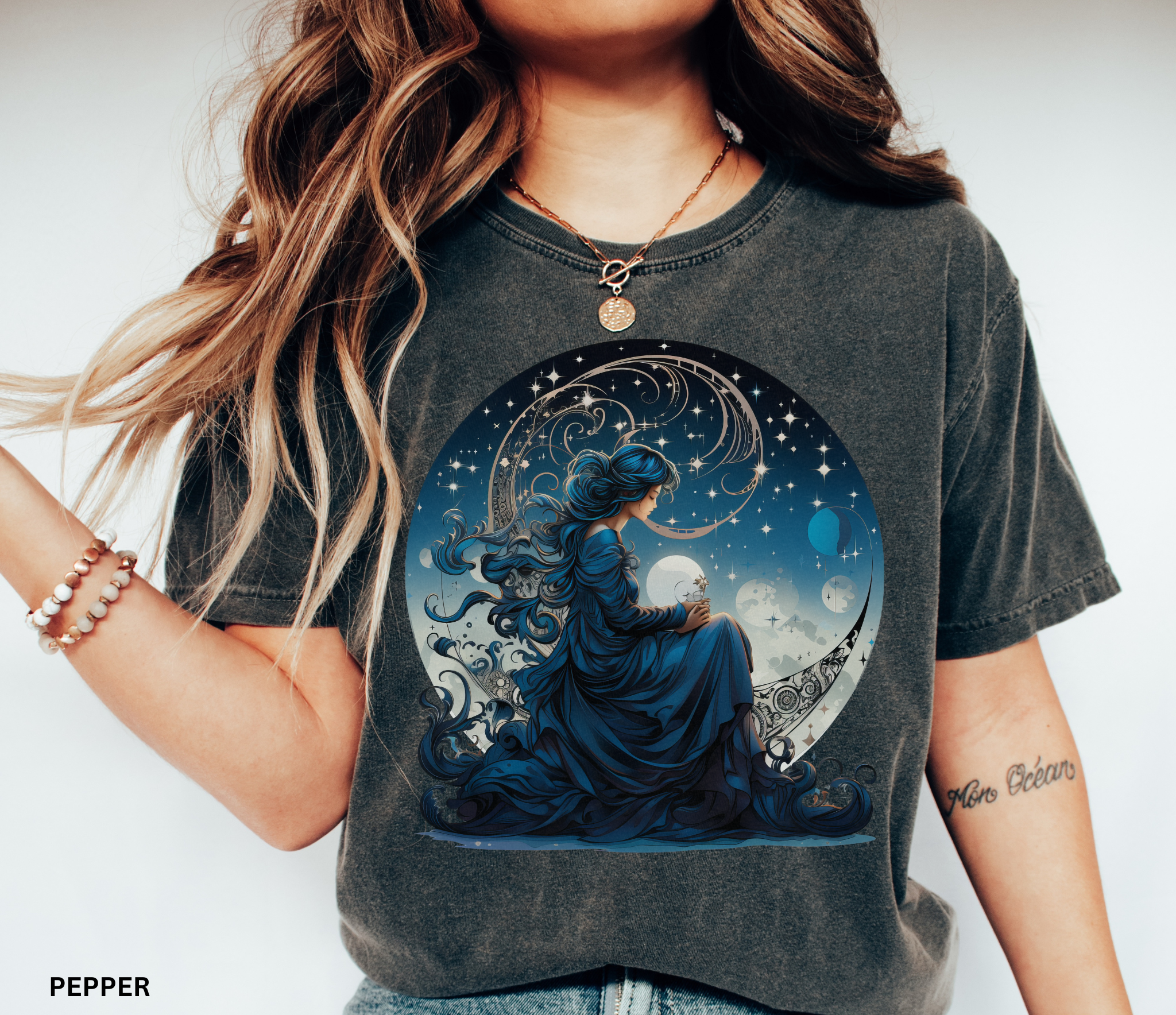 Celestial witch sitting on crescent moon surrounded by stars, blue cosmic aesthetic t-shirt design