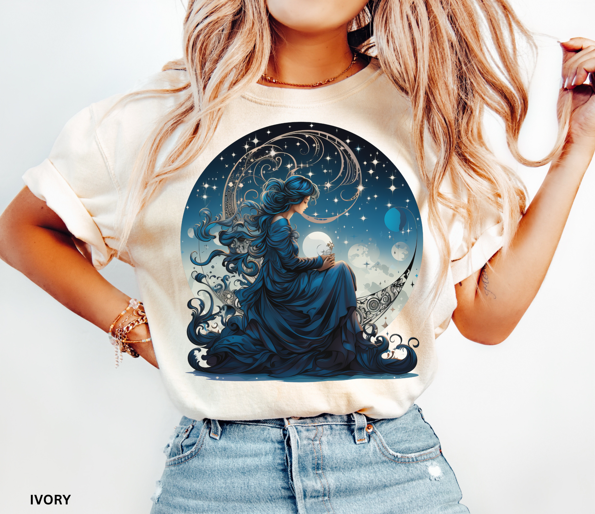 Celestial witch sitting on crescent moon surrounded by stars, blue cosmic aesthetic t-shirt design