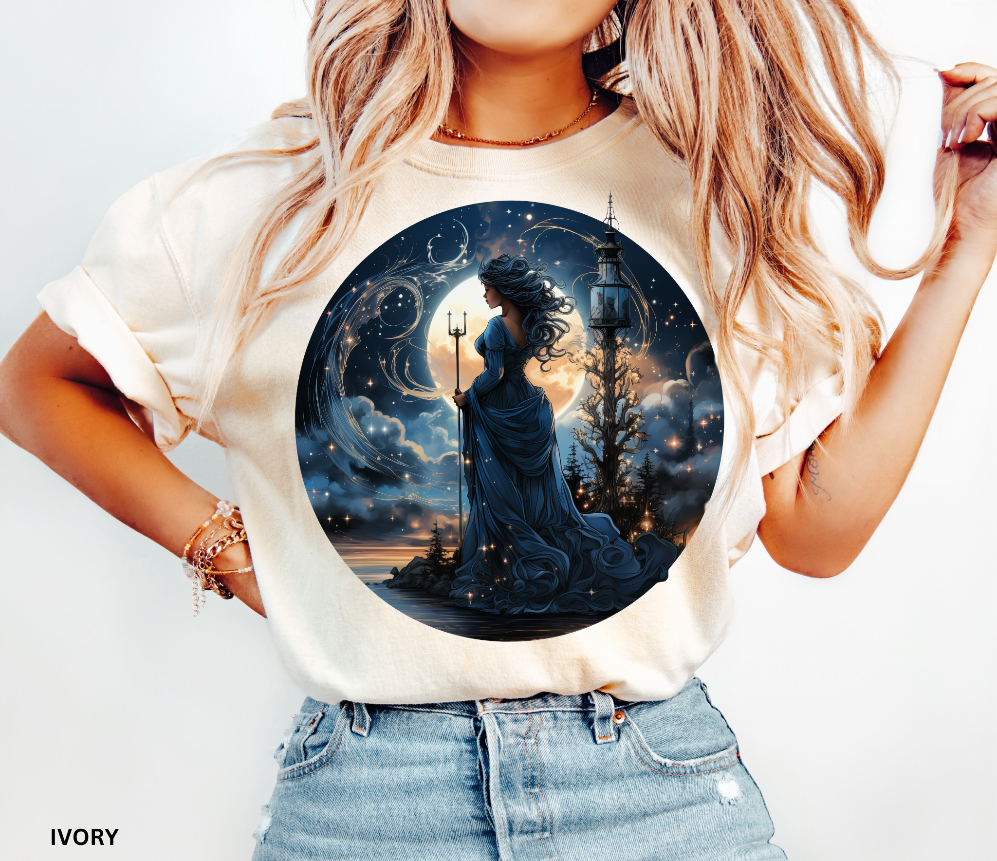 Celestial sea witch in flowing blue gown holding trident under glowing moon – witchcore shirt design