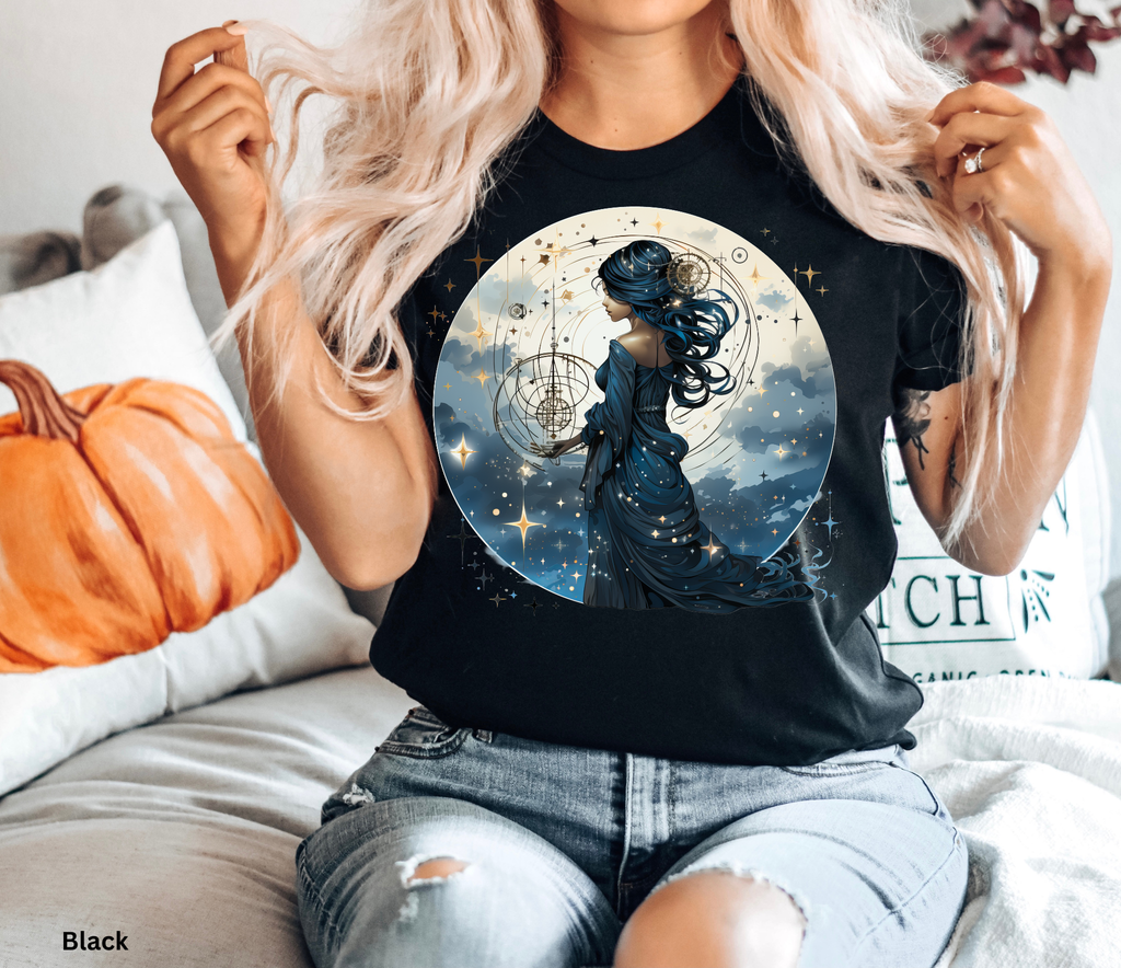 Celestial witch holding cosmic orbits surrounded by stars – witchcore shirt design