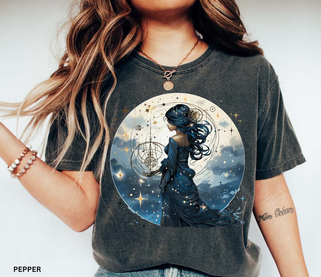 Celestial witch holding cosmic orbits surrounded by stars – witchcore shirt design