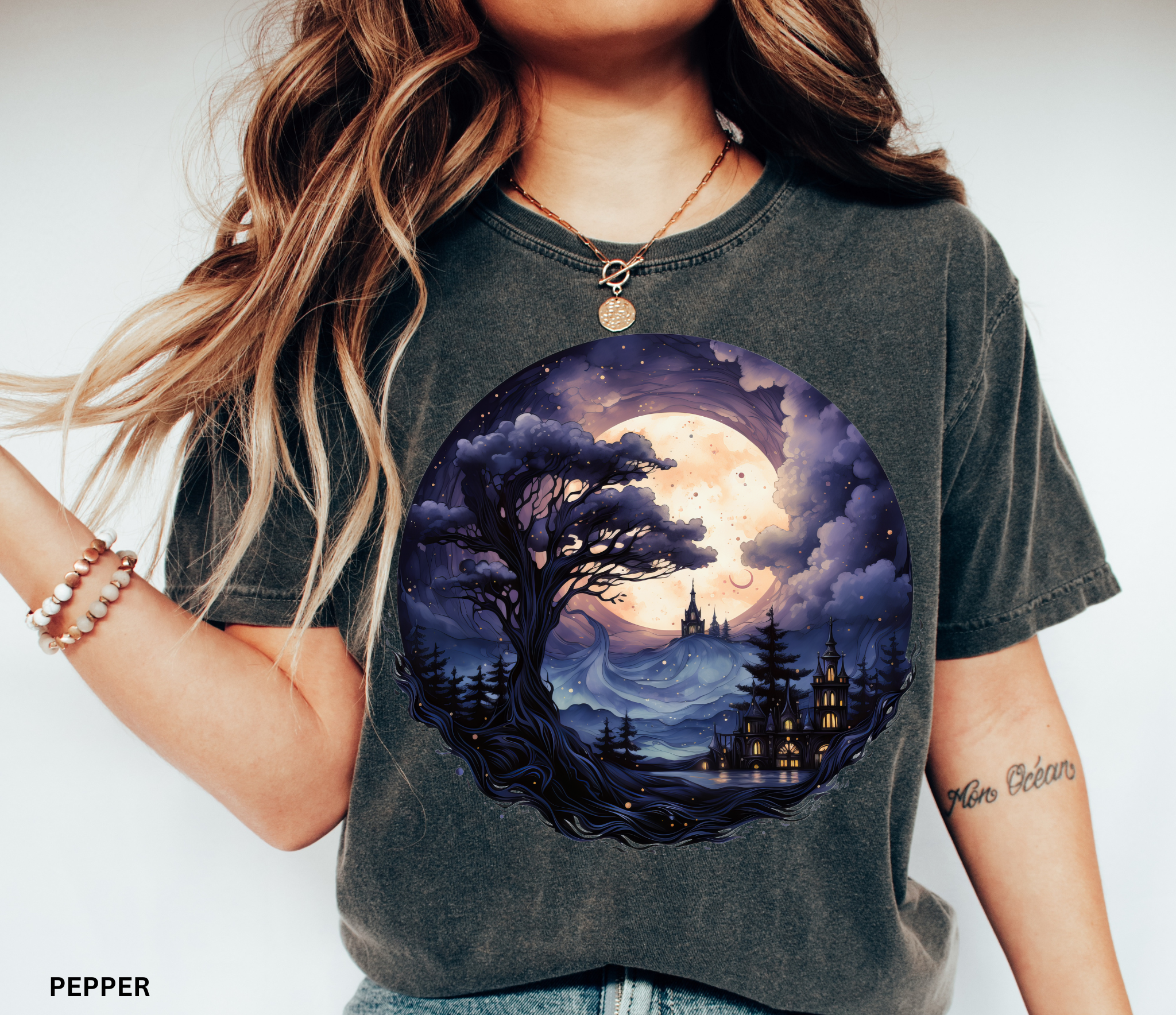 Fantasy castle under full moon surrounded by misty trees – witchcore celestial shirt design