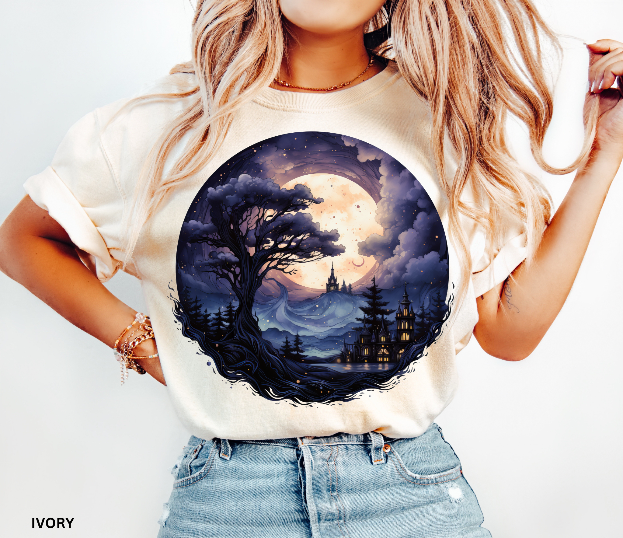 Fantasy castle under full moon surrounded by misty trees – witchcore celestial shirt design