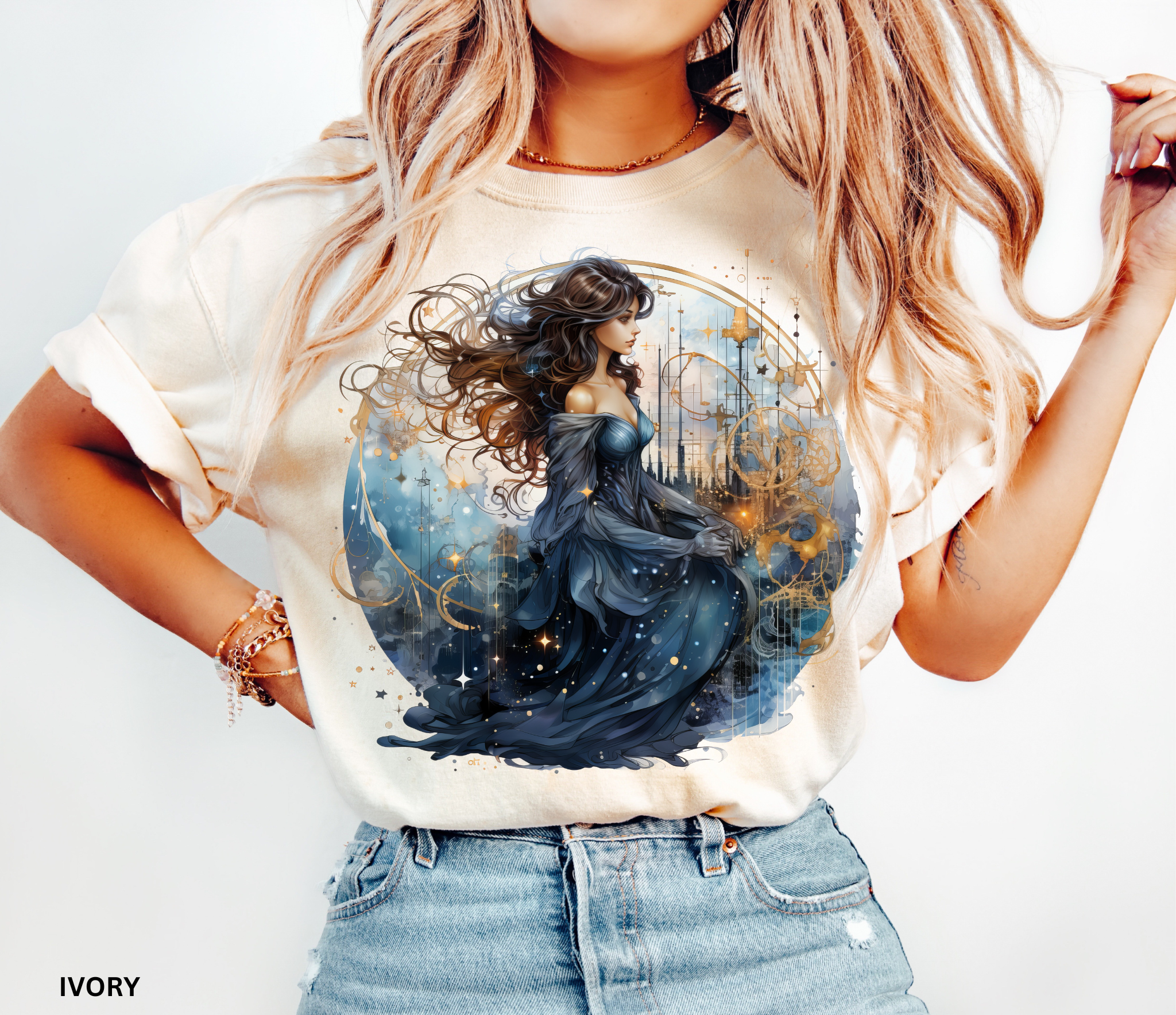 Celestial witch in blue gown surrounded by golden gears and stars – witchcore fantasy shirt design