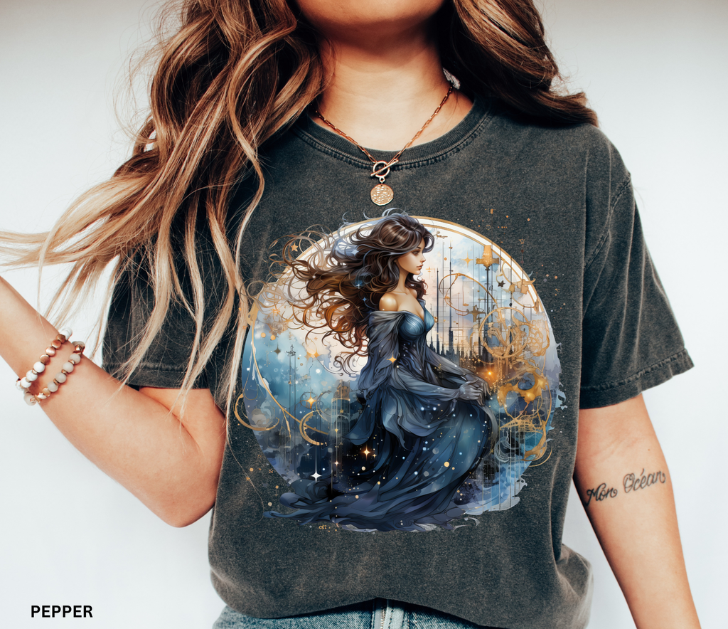 Celestial witch in blue gown surrounded by golden gears and stars – witchcore fantasy shirt design