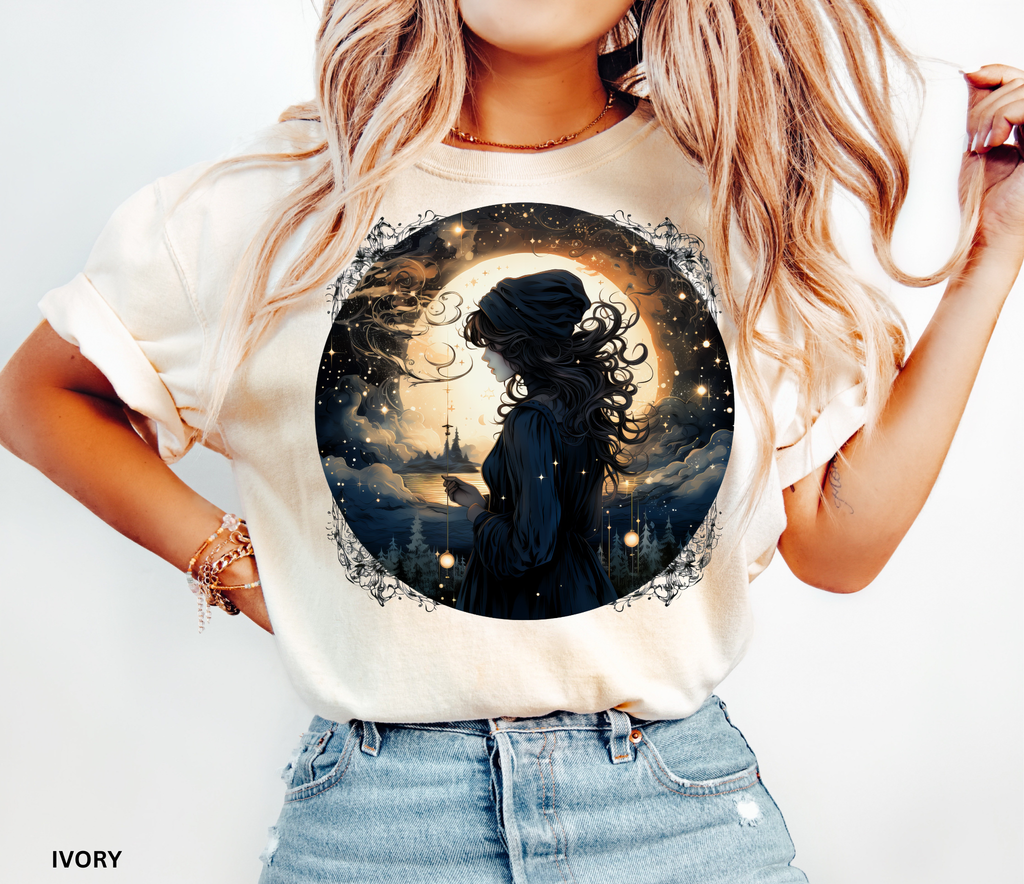 Celestial witch holding pendulum under glowing full moon – witchcore fantasy shirt design