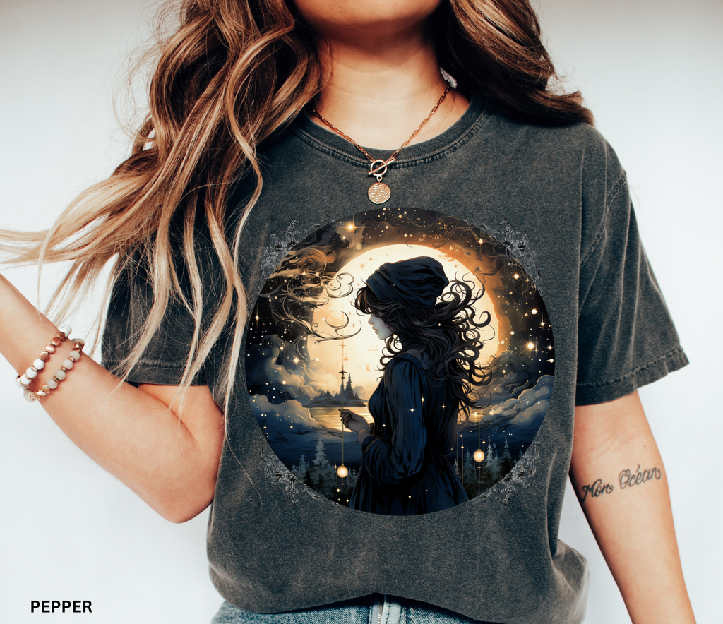 Celestial witch holding pendulum under glowing full moon – witchcore fantasy shirt design