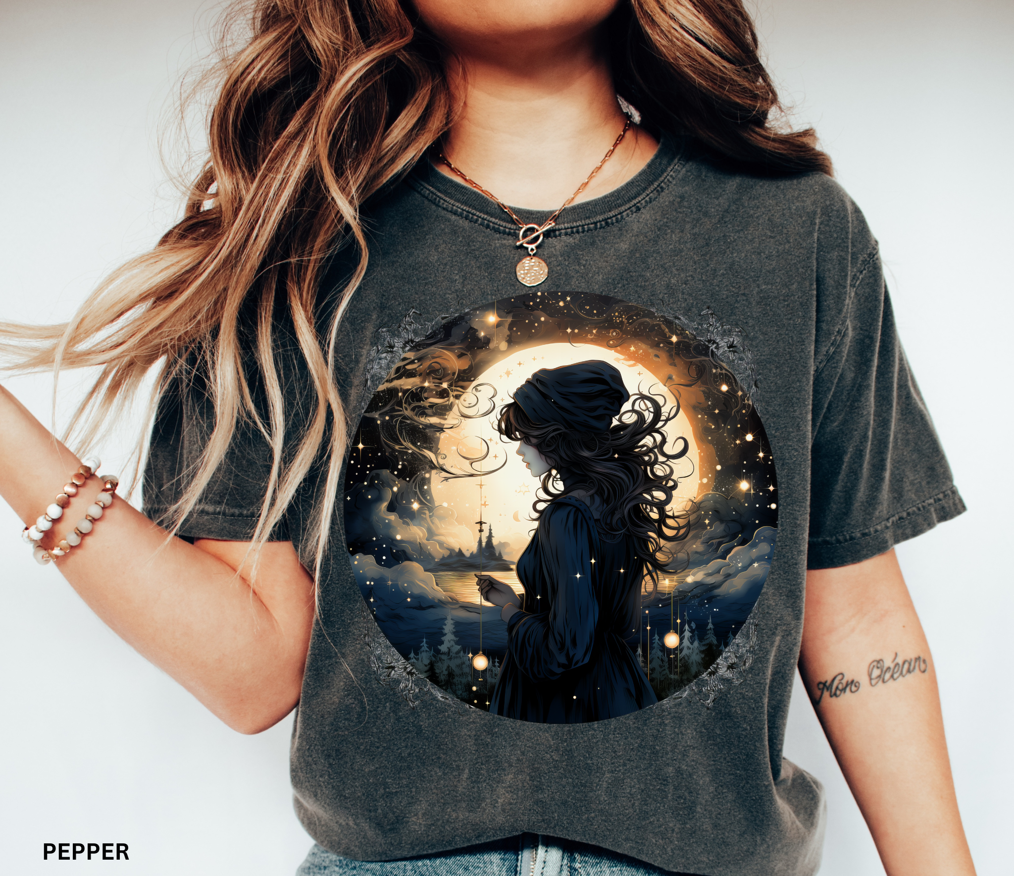 Celestial witch holding pendulum under glowing full moon – witchcore fantasy shirt design