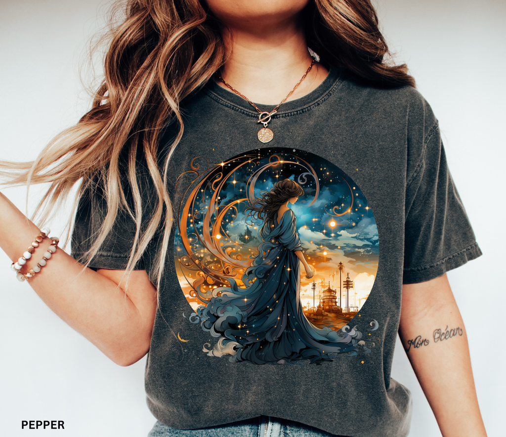 Celestial witch standing between sunset and night sky – witchcore fantasy shirt design