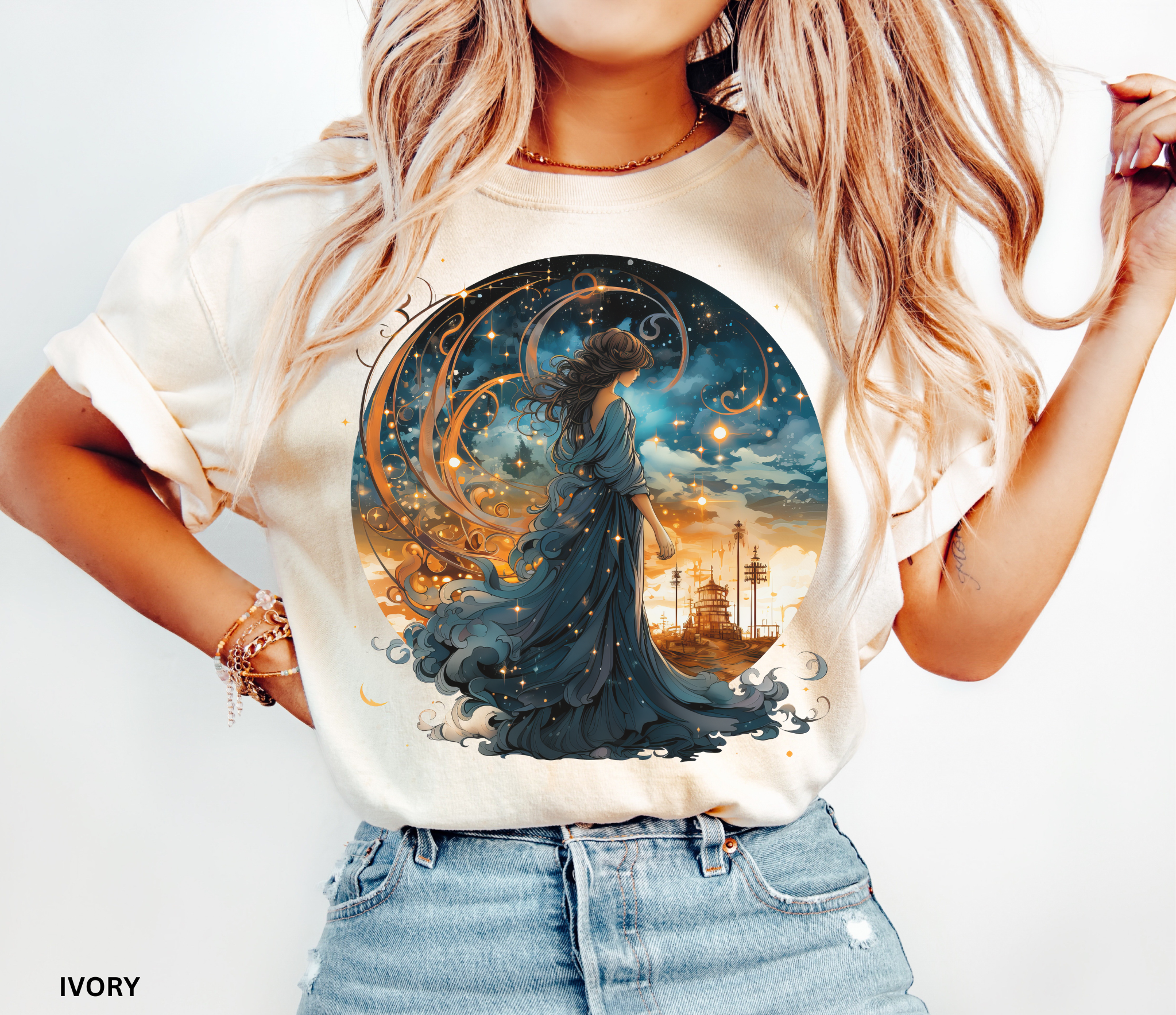 Celestial witch standing between sunset and night sky – witchcore fantasy shirt design