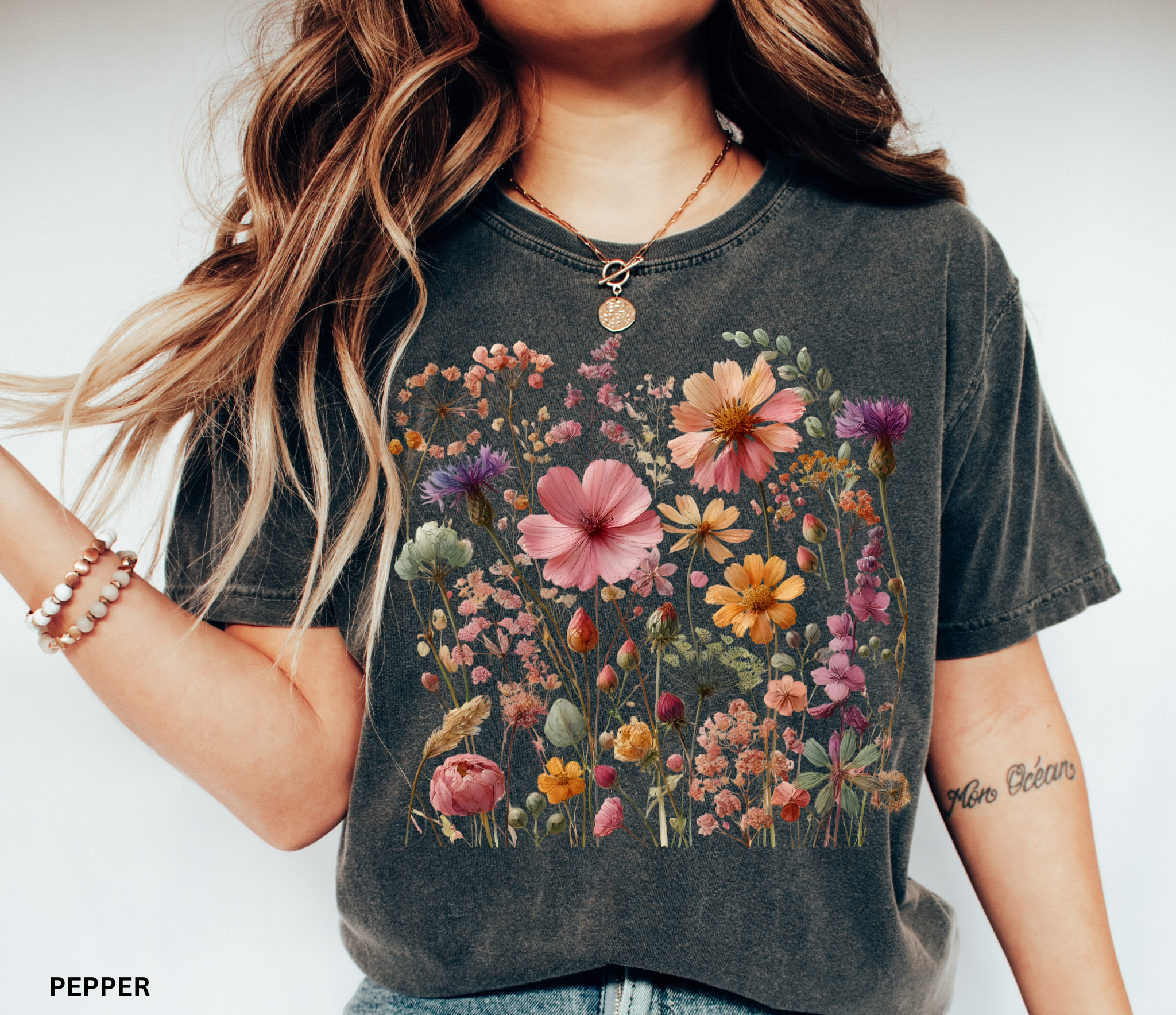 Vintage cottagecore floral shirt with pink and peach wildflowers – botanical design on Comfort Colors tee