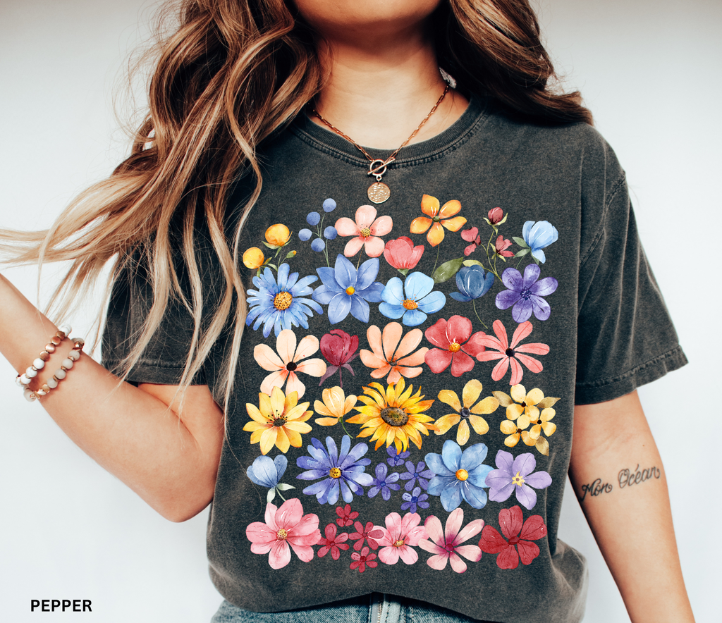 Watercolor floral shirt with painted wildflowers – cottagecore nature lover tee