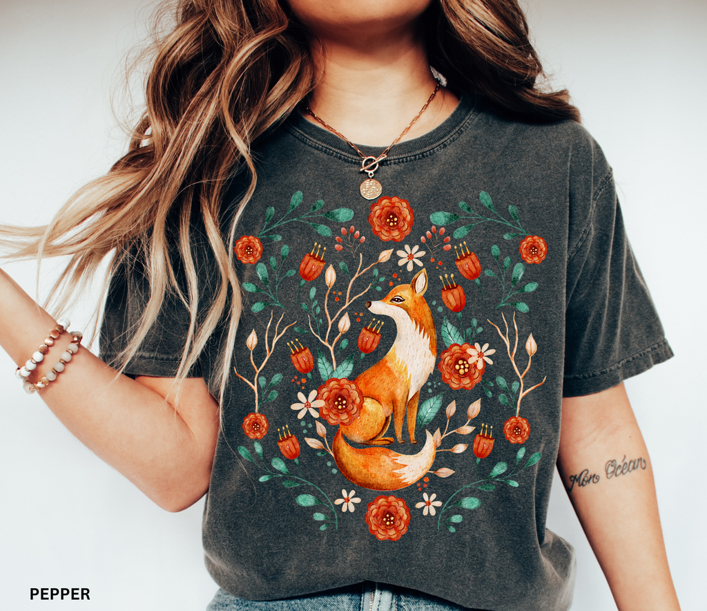 Watercolor fox surrounded by wildflowers – cottagecore forestcore shirt design