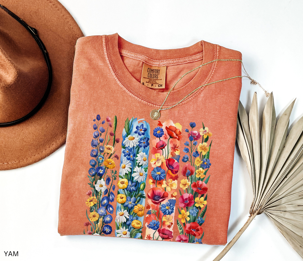 Vibrant cottagecore floral shirt – hand-painted wildflower design on Comfort Colors