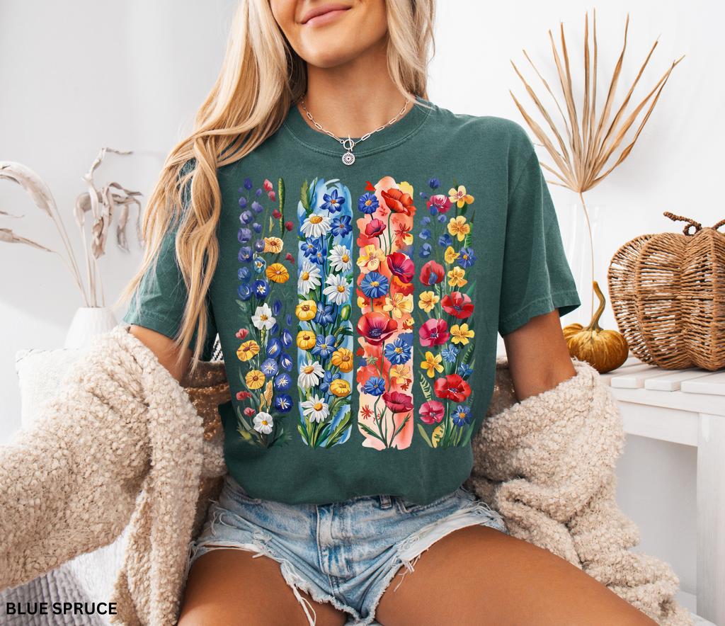 Vibrant cottagecore floral shirt – hand-painted wildflower design on Comfort Colors