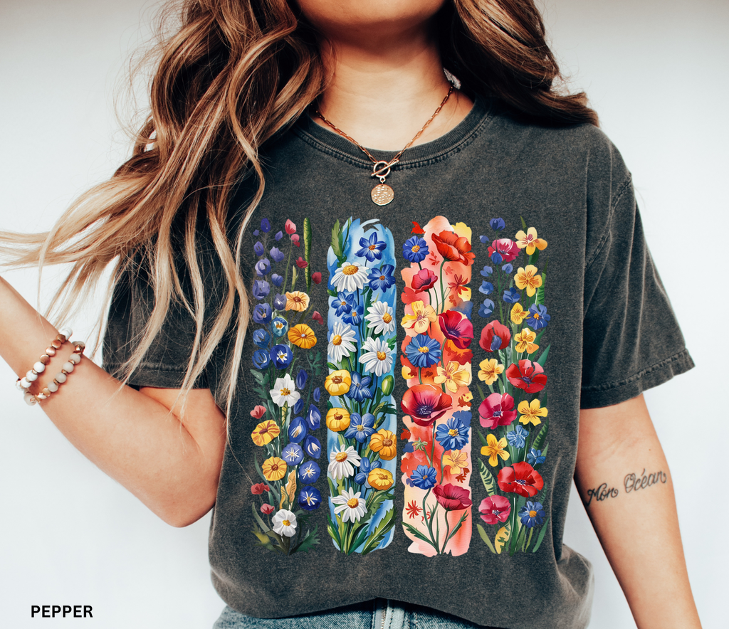 Vibrant cottagecore floral shirt – hand-painted wildflower design on Comfort Colors