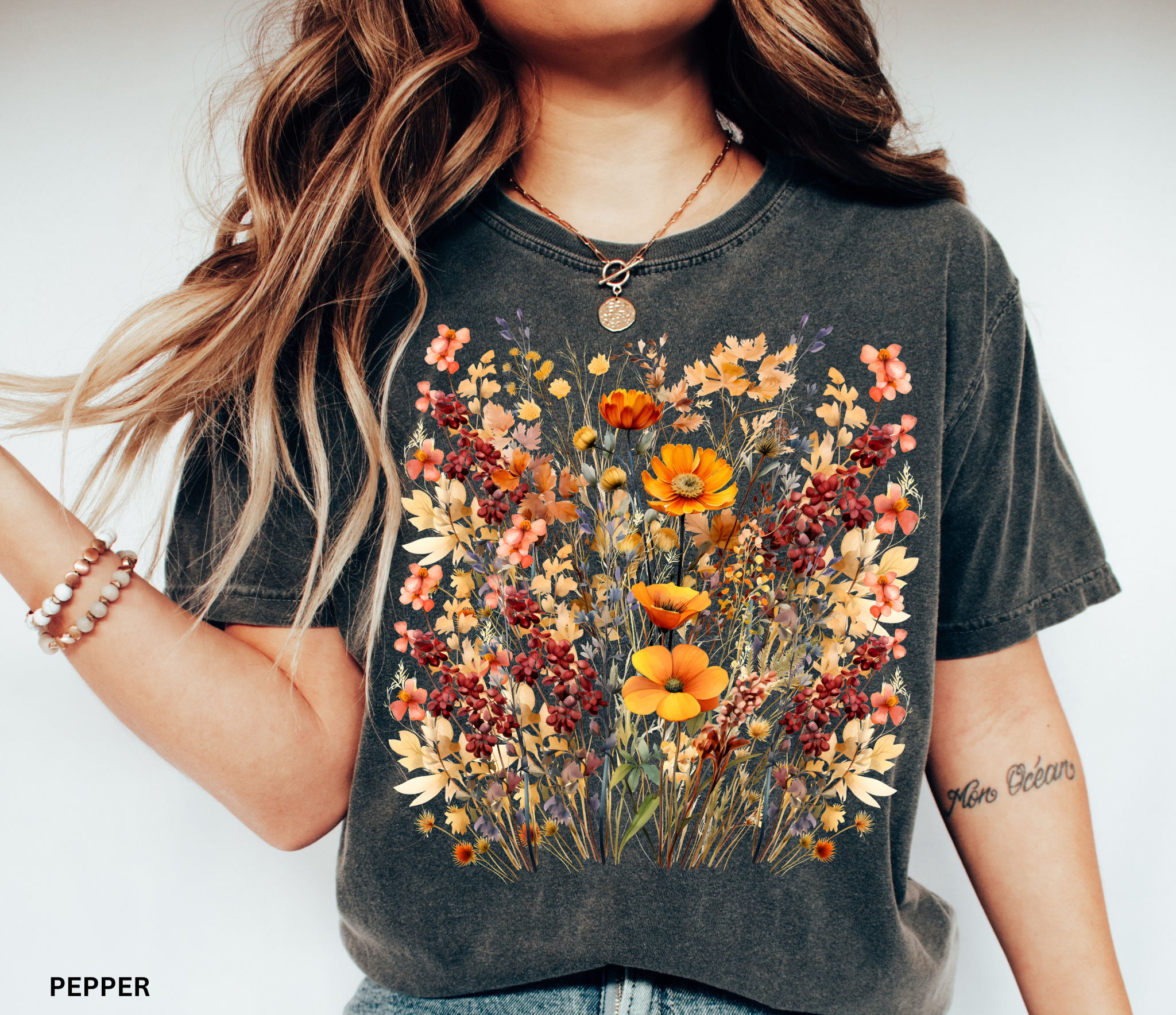Golden meadow floral shirt with warm autumn wildflowers – cottagecore tee