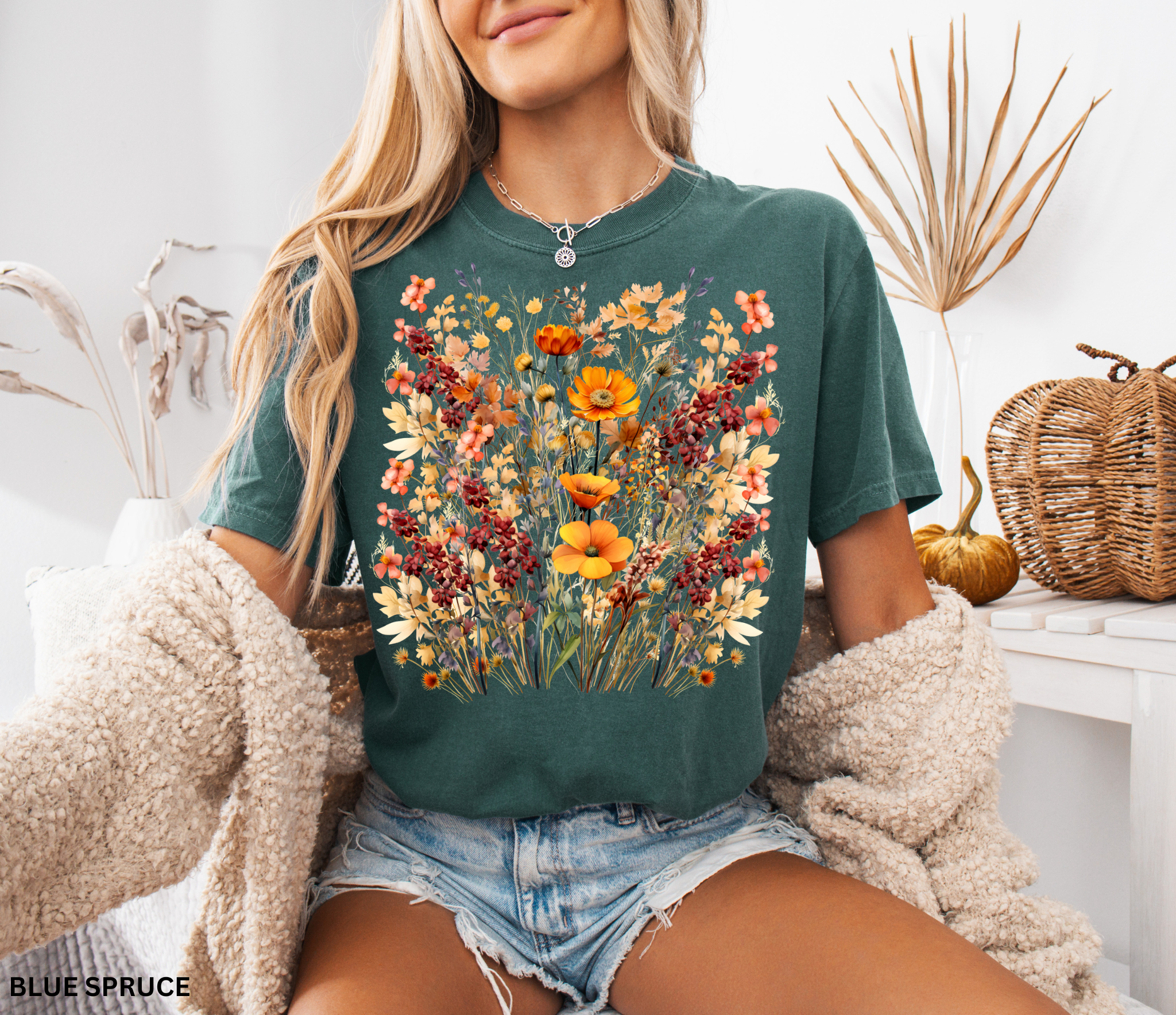 Golden meadow floral shirt with warm autumn wildflowers – cottagecore tee