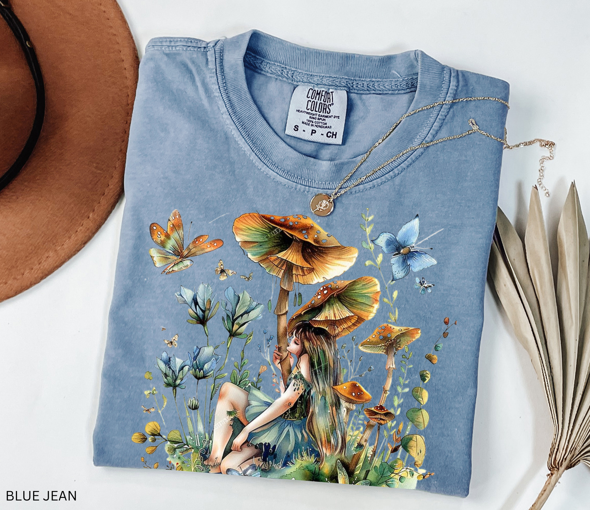 Mushroom fairy cottagecore shirt with butterflies and wildflowers