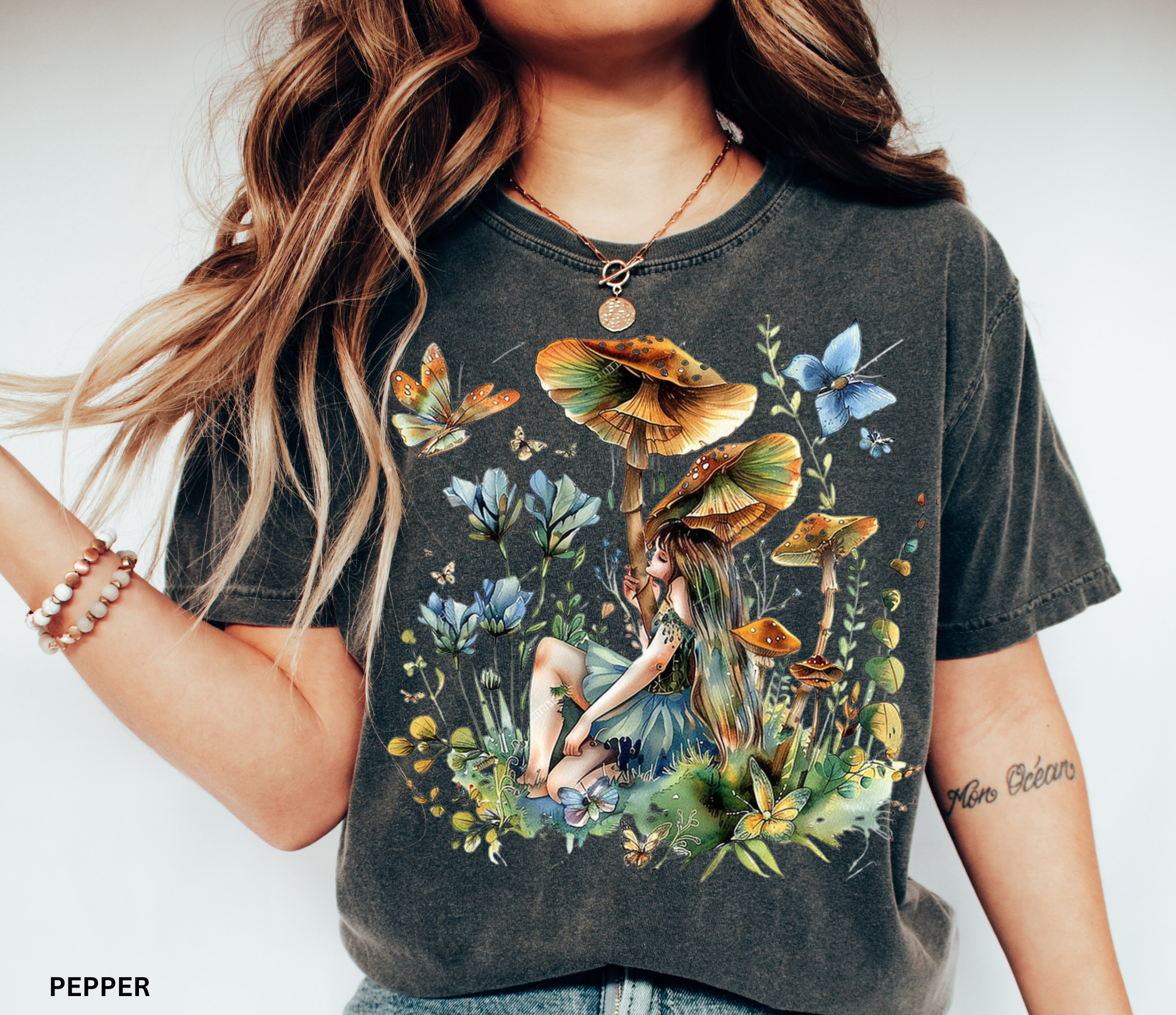 Mushroom fairy cottagecore shirt with butterflies and wildflowers