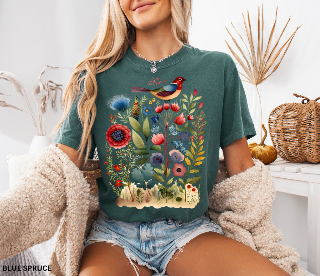 Cottagecore floral t-shirt featuring colorful bird and wildflowers — vintage botanical nature design on Comfort Colors fabric.