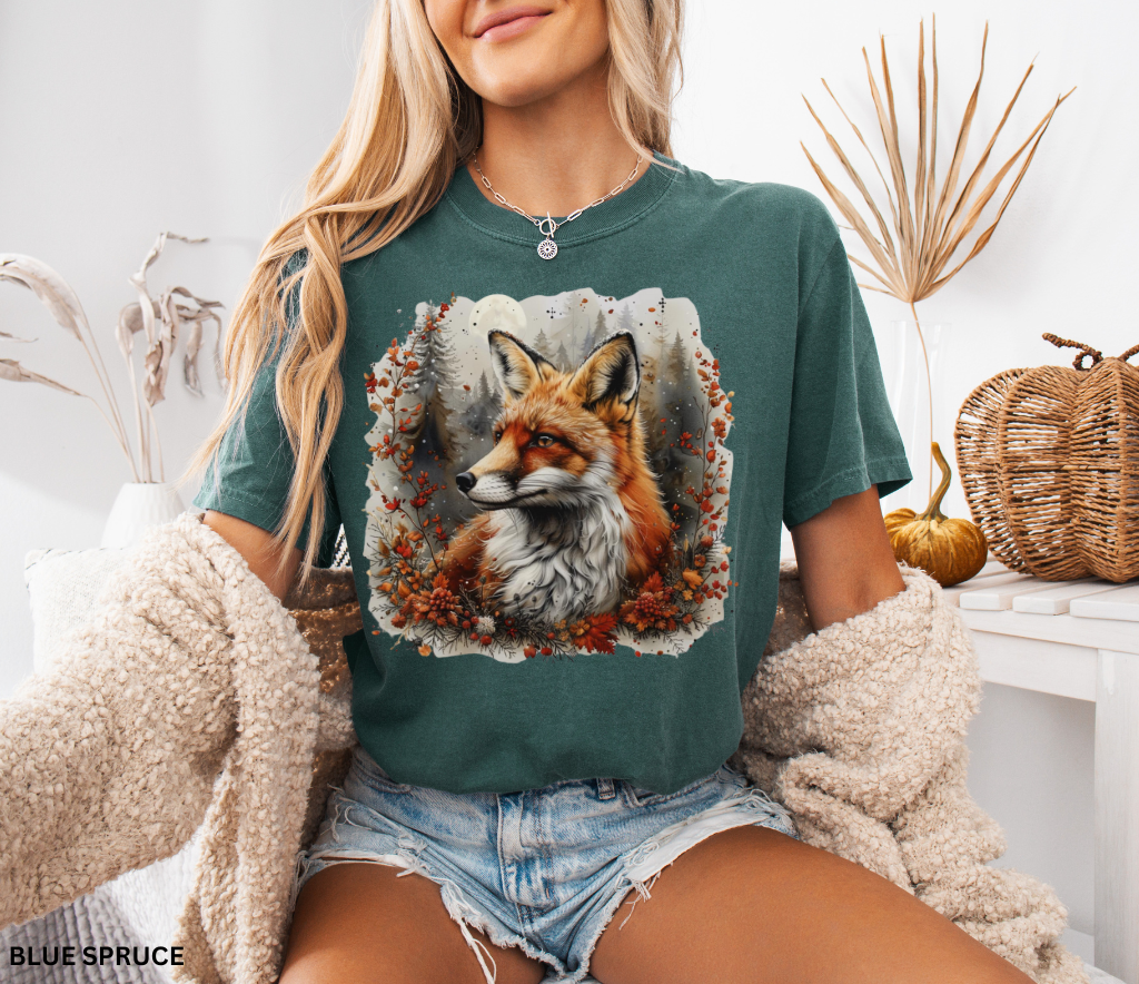 Realistic forestcore fox shirt under moonlight — autumn woodland design printed on soft Comfort Colors t-shirt.